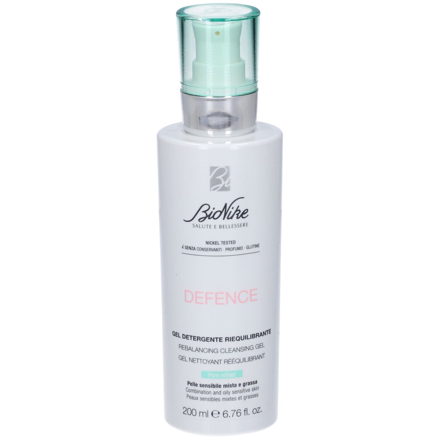 Weiße Flasche mit Pumpspender, BioNike Defence Rebalancing Cleansing Gel, 200 ml.