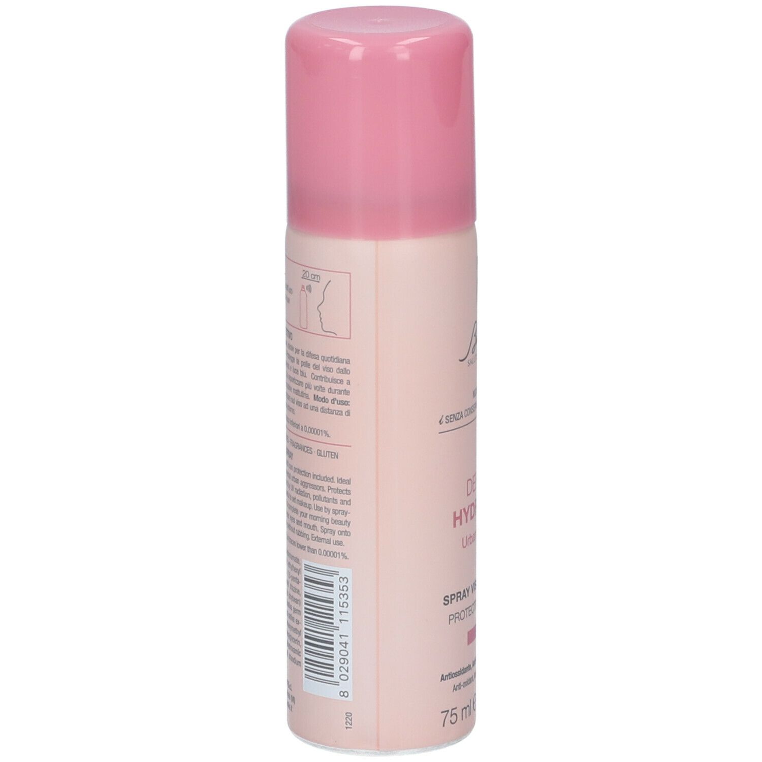Retro del flacone spray con tappo rosa. Testo e codice a barre. Marchio: BioNike.