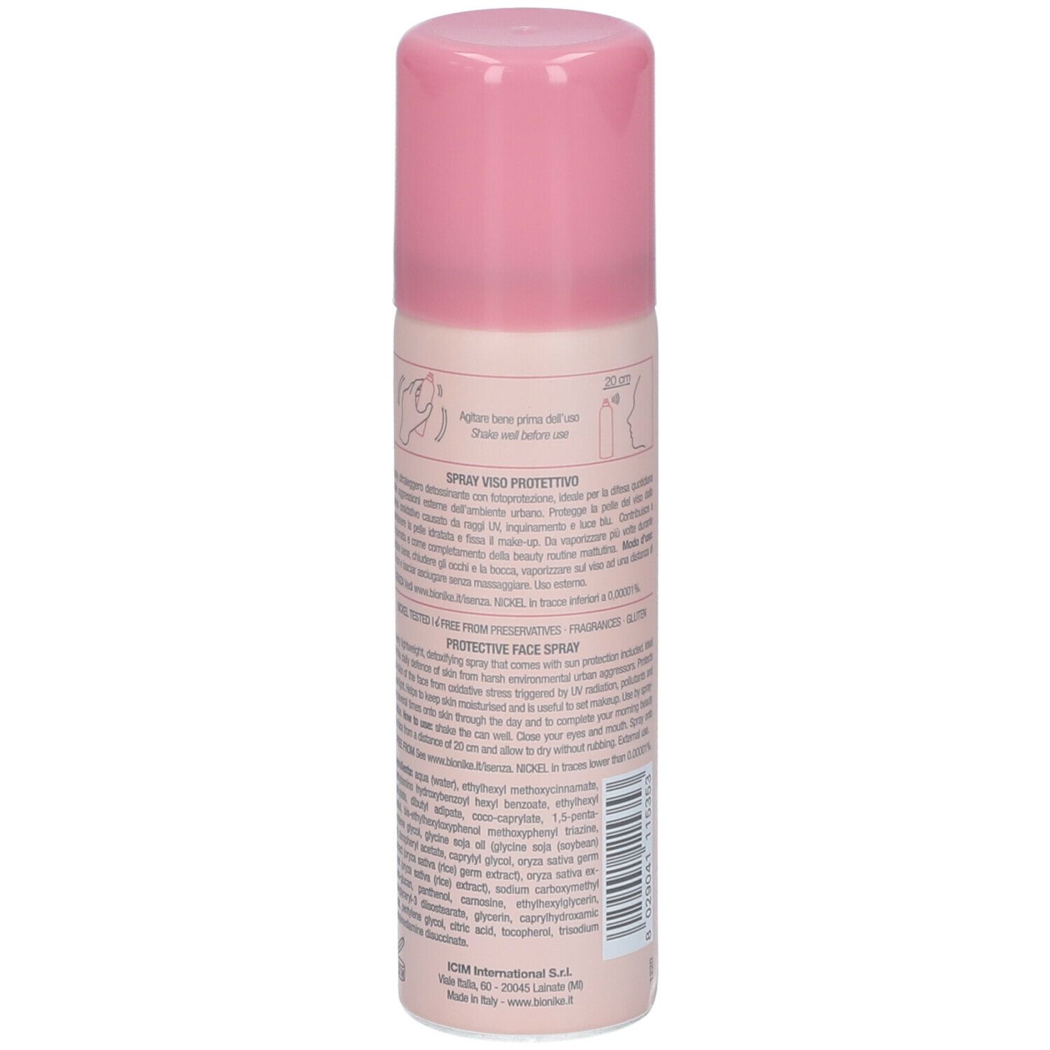 Retro del flacone spray con tappo rosa. Testo e codice a barre. Marchio: BioNike.