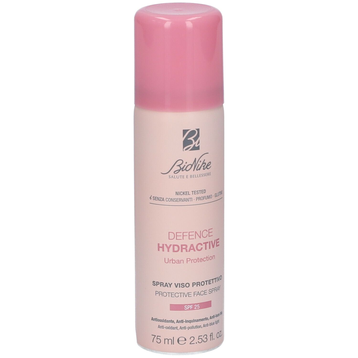 Flacone spray con tappo rosa. Scritta: Defence Hydractive, Spray Viso Protettivo, SPF 25. Marchio: BioNike.