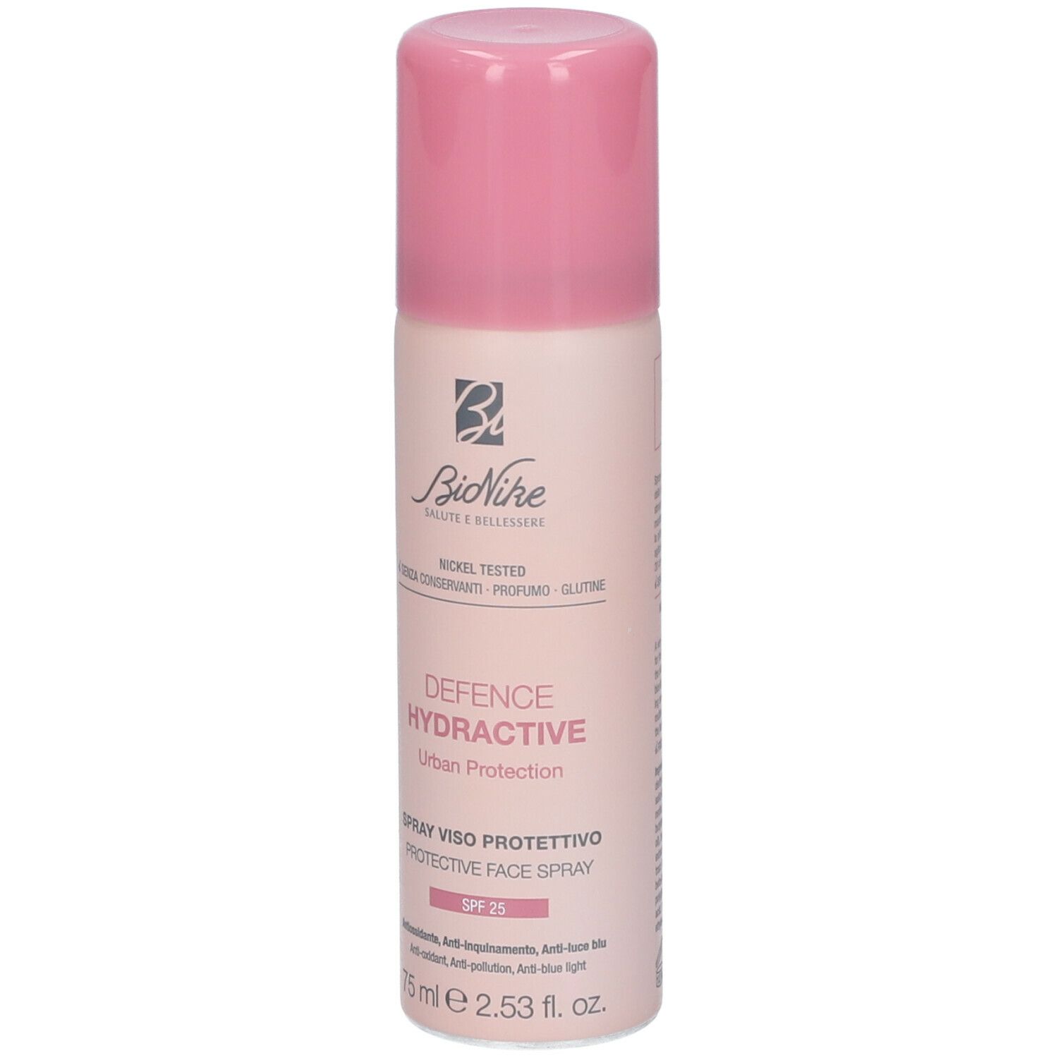 Flacone spray con tappo rosa. Scritta: Defence Hydractive, Spray Viso Protettivo, SPF 25. Marchio: BioNike.