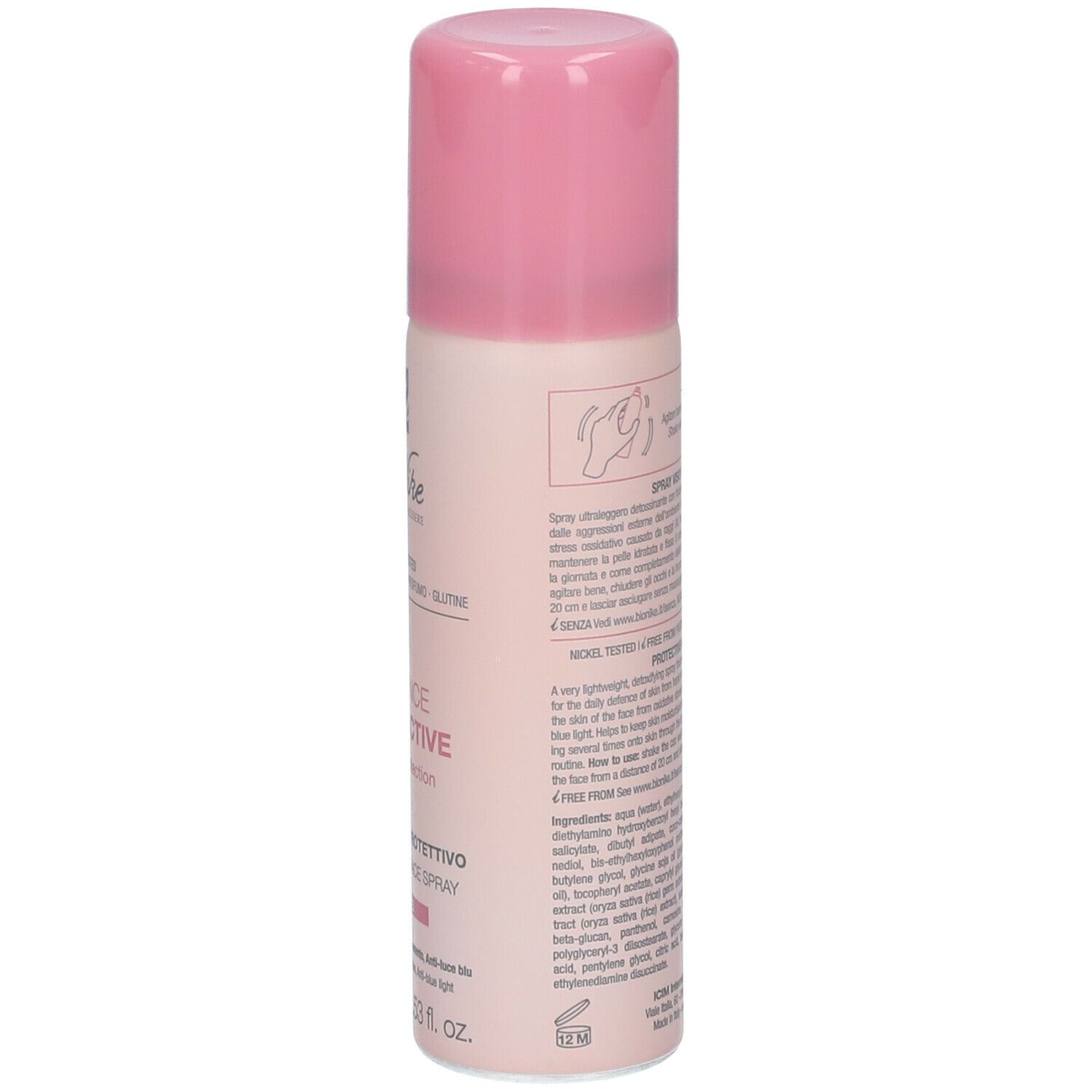 Retro del flacone spray con tappo rosa. Testo e codice a barre. Marchio: BioNike.