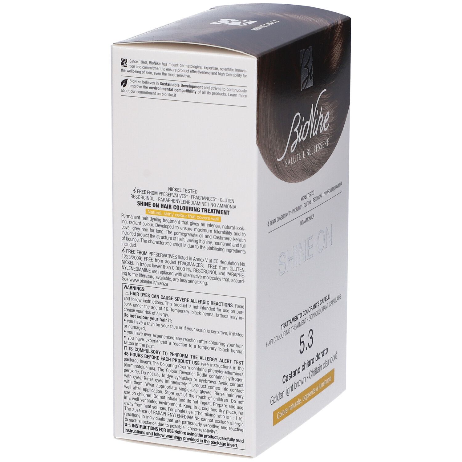 BioNike SHINE ON 5.3 Haarfarbe. Verpackung, Seitenansicht. Text mit Inhaltsstoffen und Warnhinweisen. Nickel getestet.