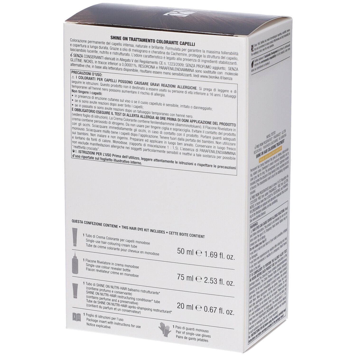BioNike SHINE ON 5.3 Haarfarbe. Verpackung, Rückseite. Inhalt: Tube, Flaschen, Handschuhe. Gebrauchsanweisung.
