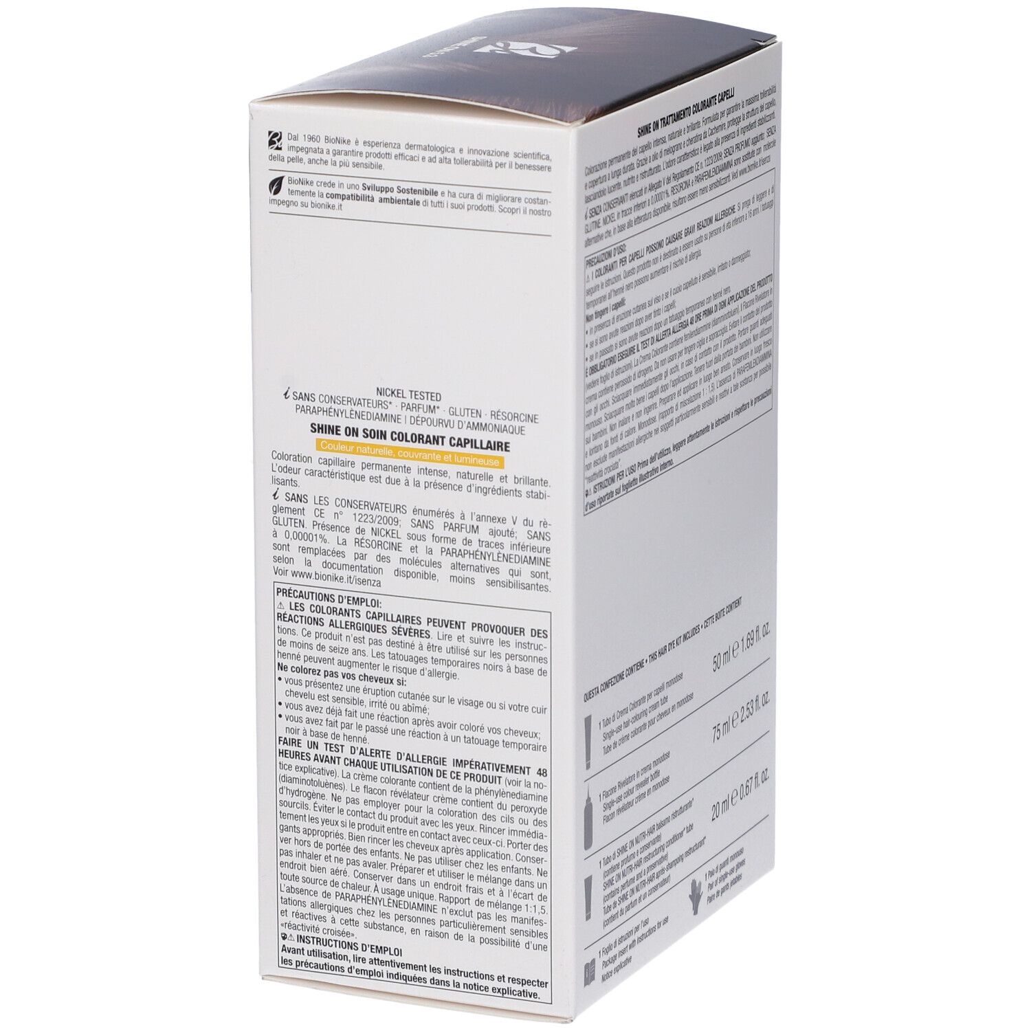 BioNike SHINE ON 5.3 Haarfarbe. Verpackung, Seitenansicht. Text mit Inhaltsstoffen und Warnhinweisen. Nickel getestet.