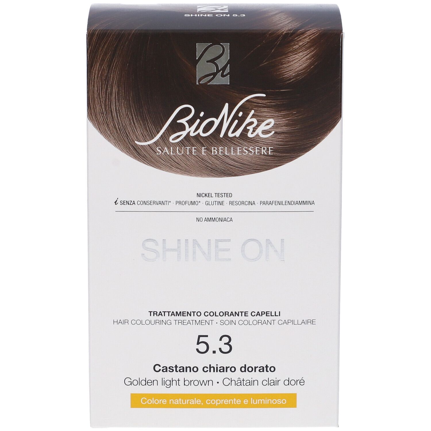 BioNike SHINE ON 5.3 Haarfarbe. Verpackung mit Produktnamen und Farbton. Nickel getestet. Deckkraft und Glanz.