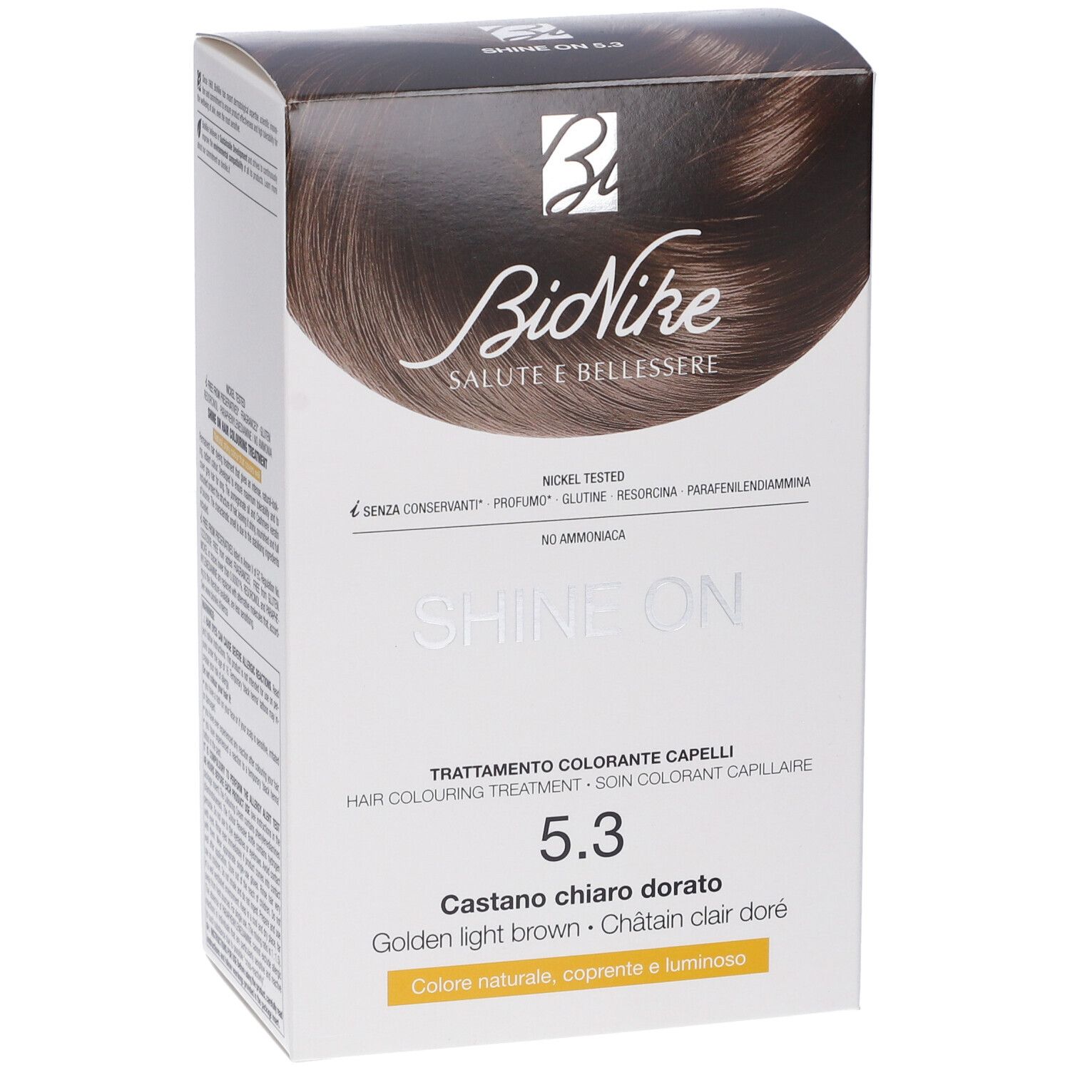 BioNike SHINE ON 5.3 Haarfarbe. Verpackung mit Produktnamen und Farbton. Nickel getestet. Deckkraft und Glanz.
