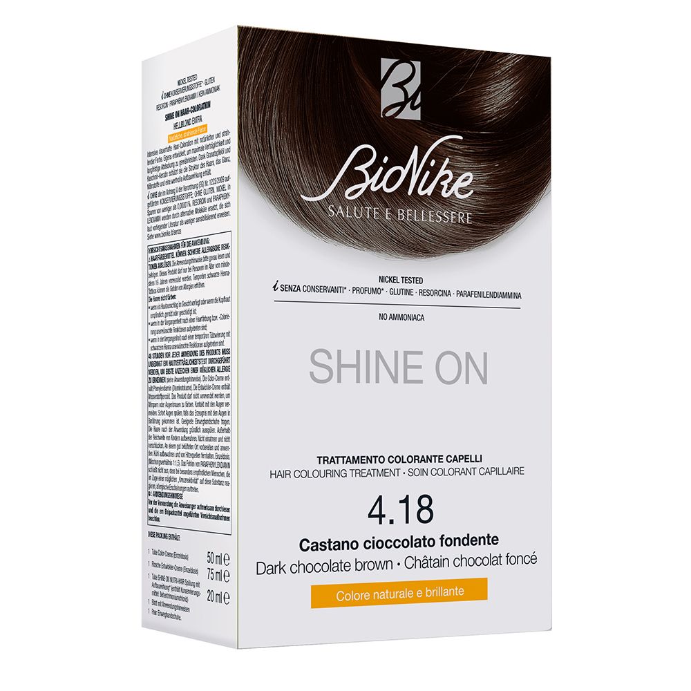 BioNike SHINE ON 4.18 trattamento colorante per capelli. Colore castano cioccolato fondente. Confezione con logo.