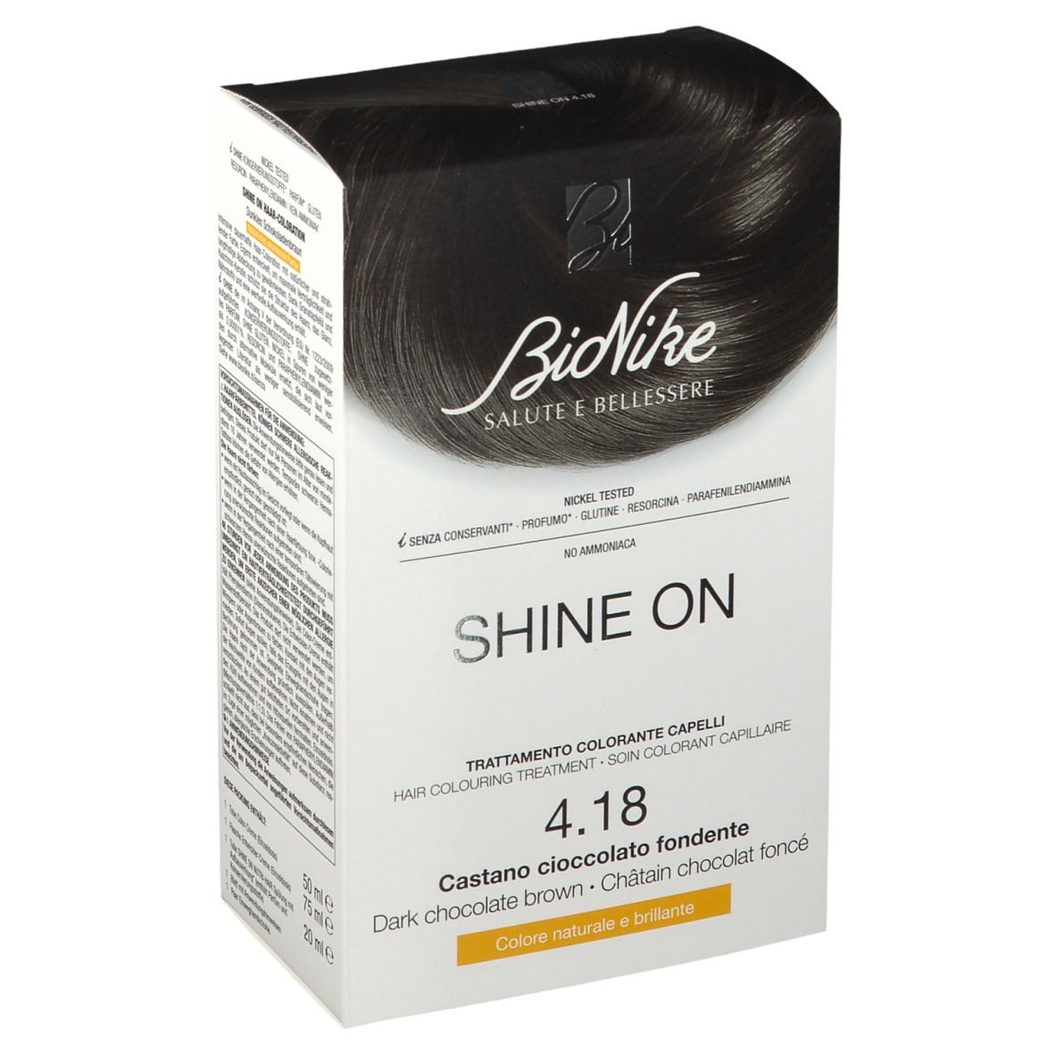 BioNike SHINE ON 4.18 trattamento colorante per capelli. Castano cioccolato fondente. Confezione, vista obliqua.