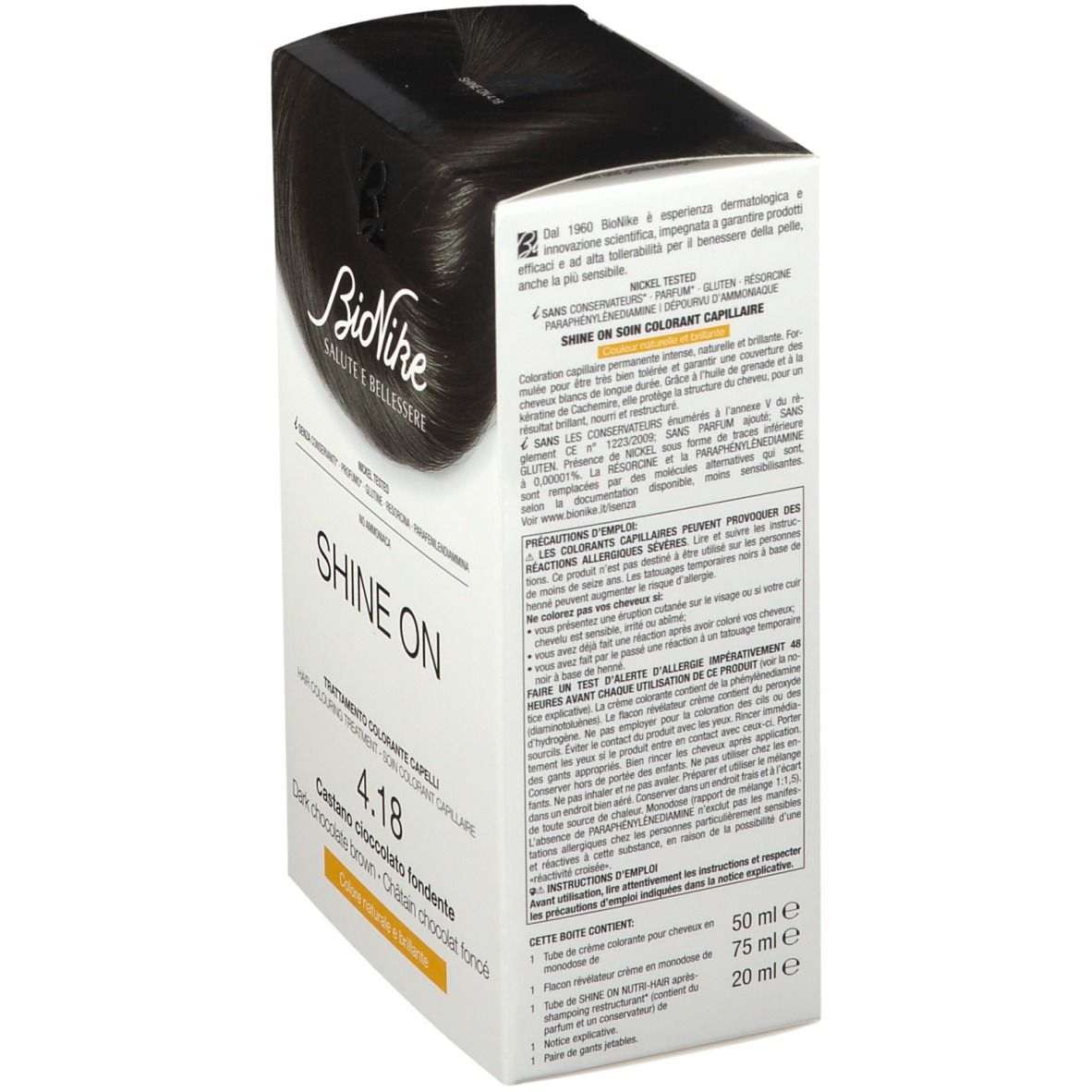 BioNike SHINE ON 4.18 trattamento colorante per capelli. Castano cioccolato fondente. Confezione, retro con testo.
