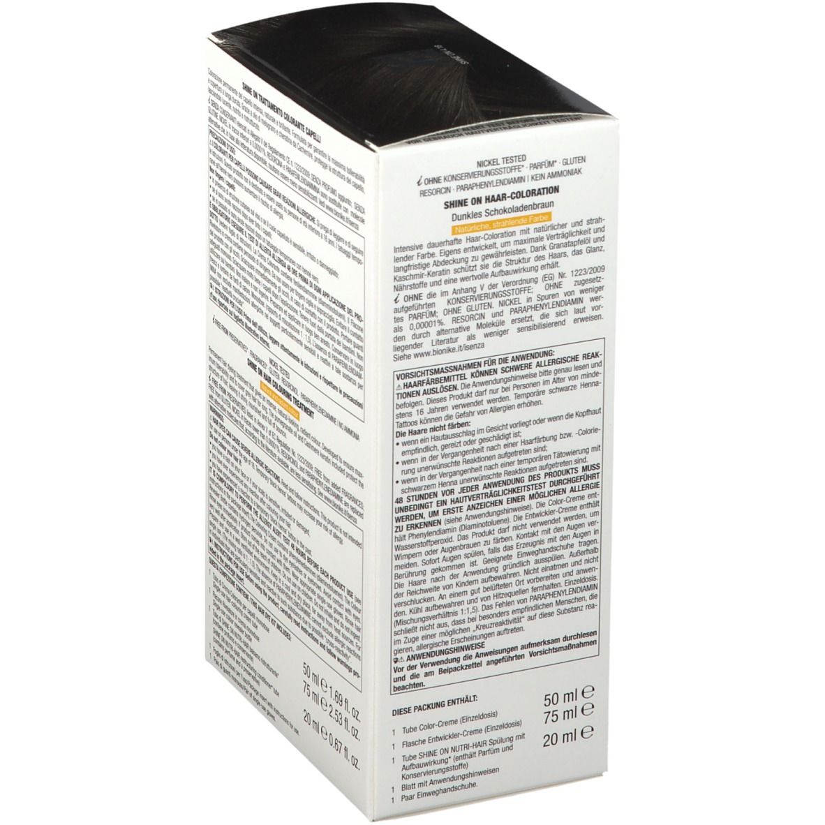 BioNike SHINE ON 4.18 trattamento colorante per capelli. Castano cioccolato fondente. Confezione, retro con testo.