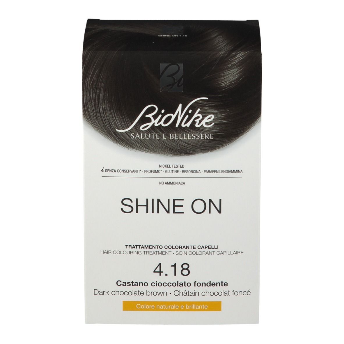 BioNike SHINE ON 4.18 trattamento colorante per capelli. Castano cioccolato fondente. Confezione, retro con testo.