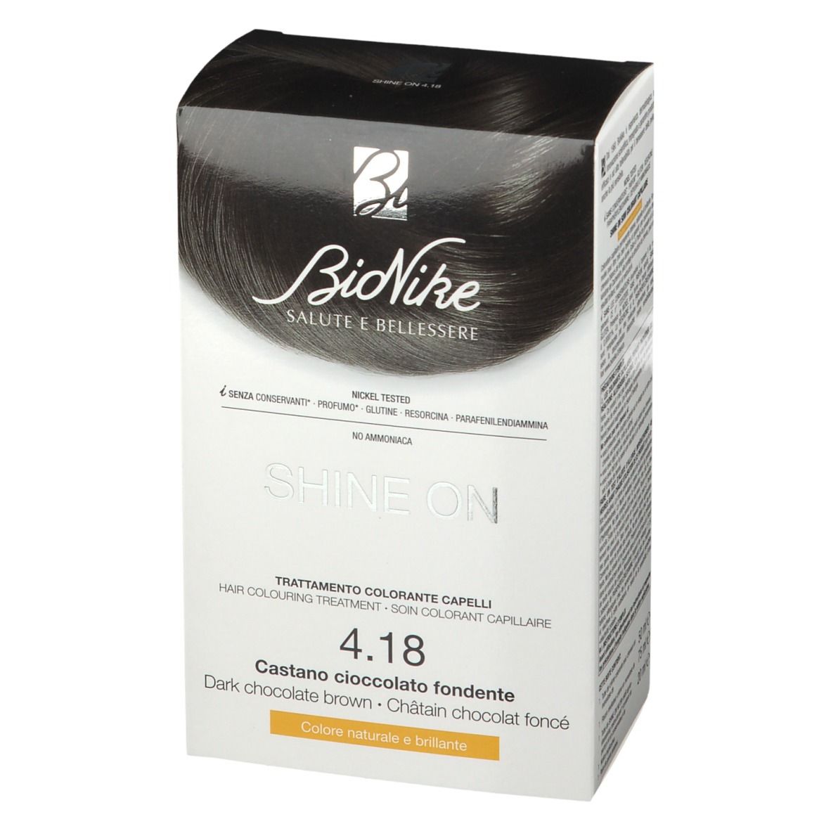 BioNike SHINE ON 4.18 trattamento colorante per capelli. Castano cioccolato fondente. Confezione, vista obliqua.