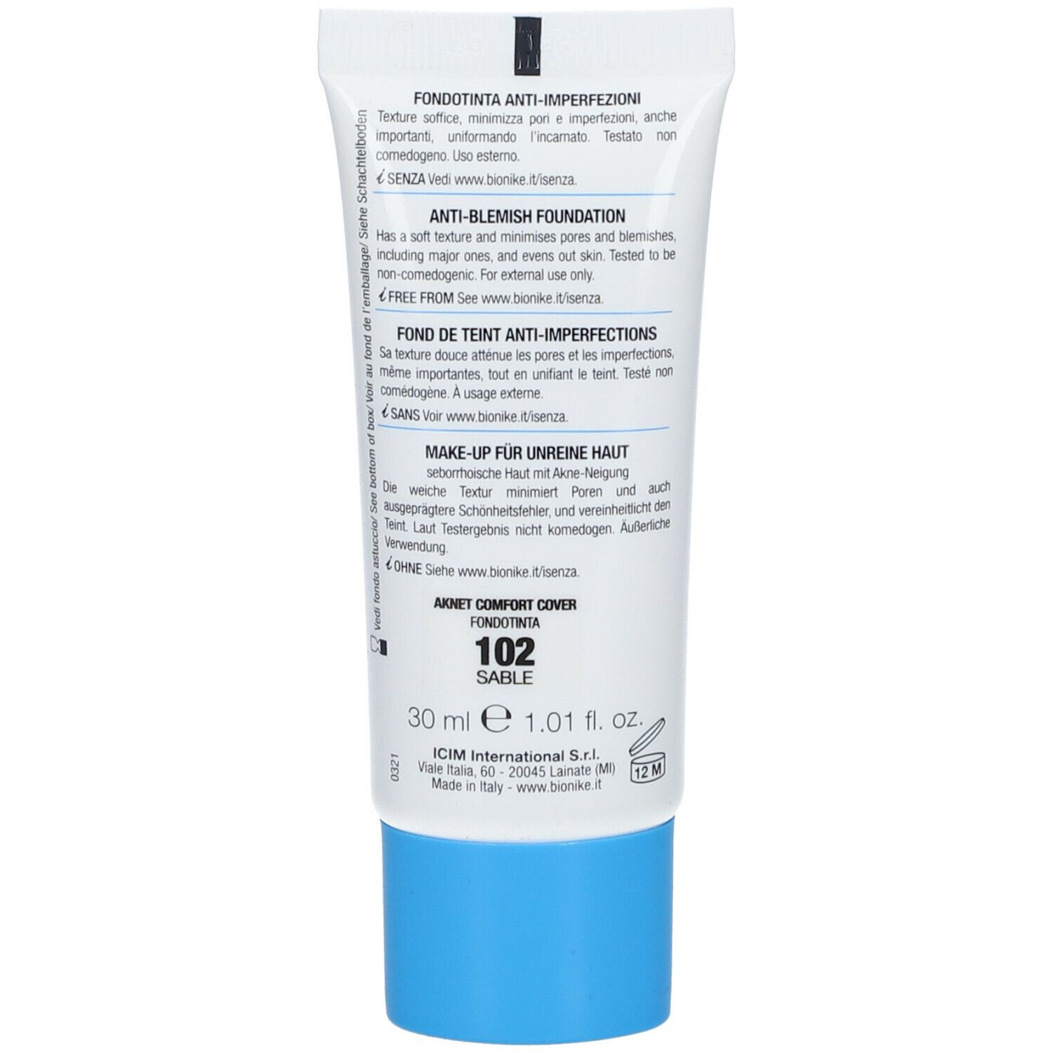 Retro del tubo. Testo: Anti-imperfezioni, 102 Sable, 30 ml. Marchio: BioNike. Ingredienti e istruzioni per l'uso.