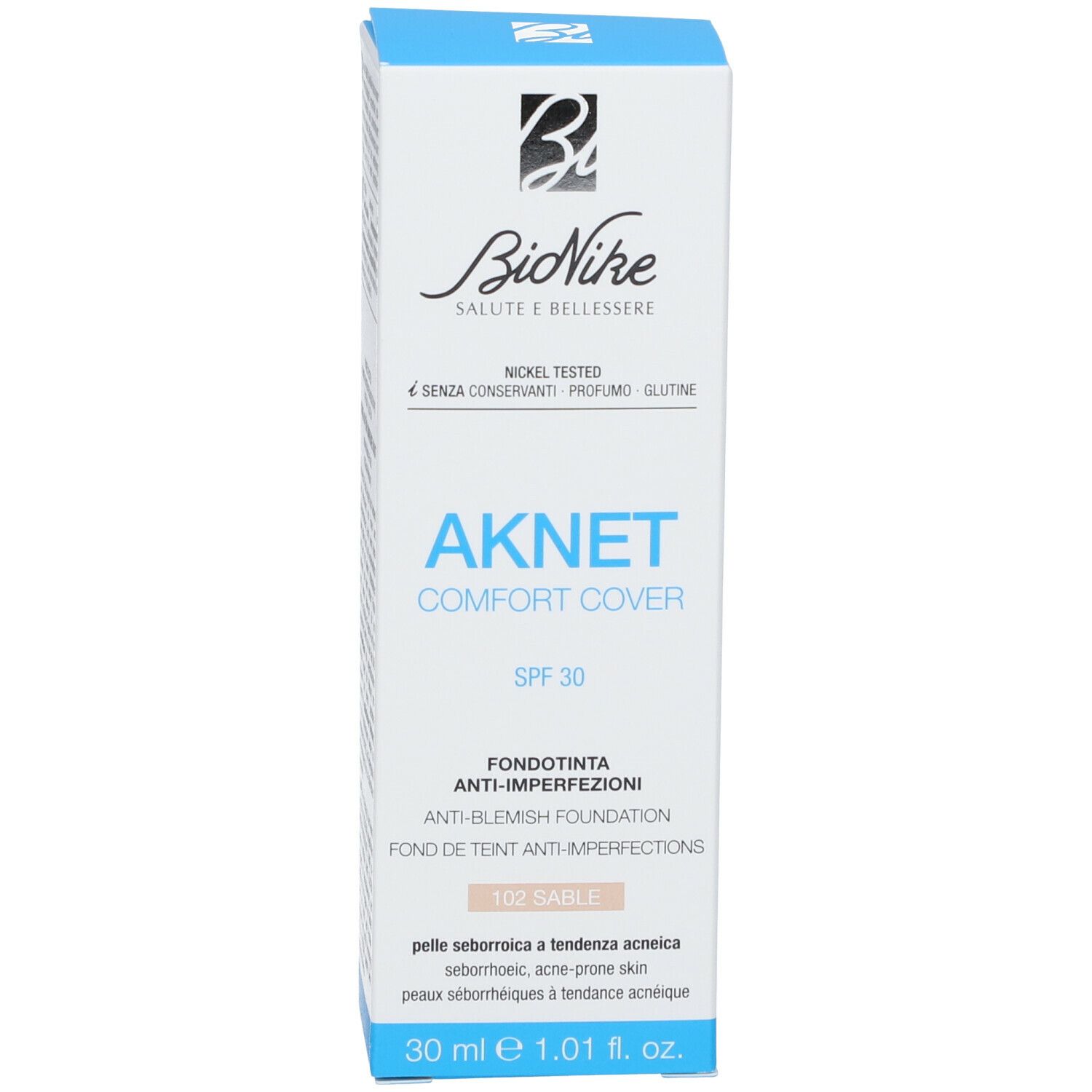 Confezione del prodotto. Scritta: AKNET Comfort Cover, SPF 30, 102 Sable. Marchio: BioNike. Scatola.