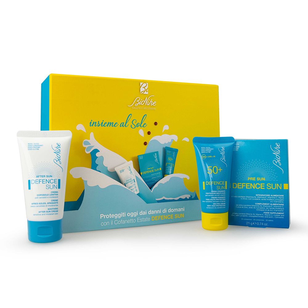 Bionike Travel Kit Speciale Estate. Contiene crema solare, doposole e altri prodotti. Confezione con motivo a onde.
