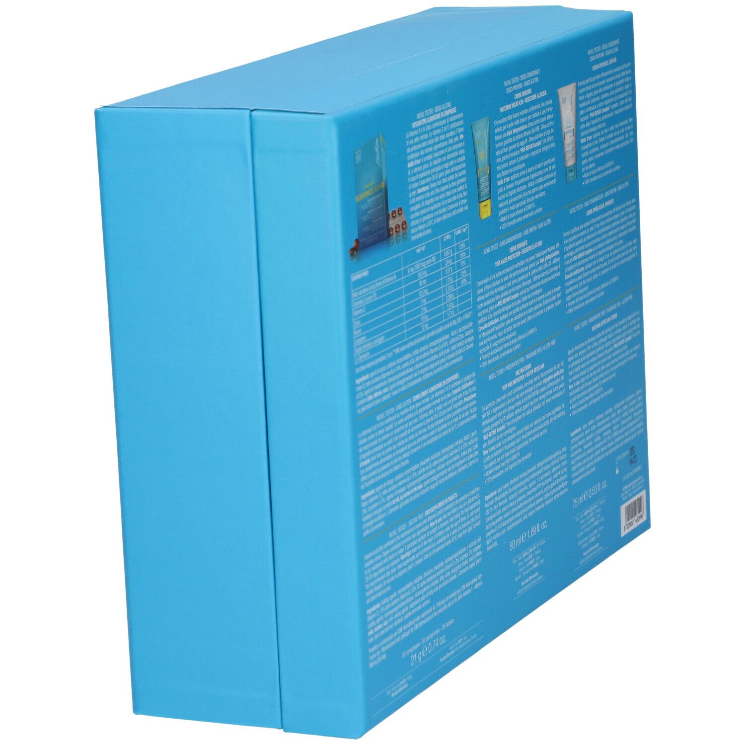 Bionike Travel Kit Speciale Estate. Confezione, vista laterale. Blu e giallo, con informazioni sui prodotti e testo.