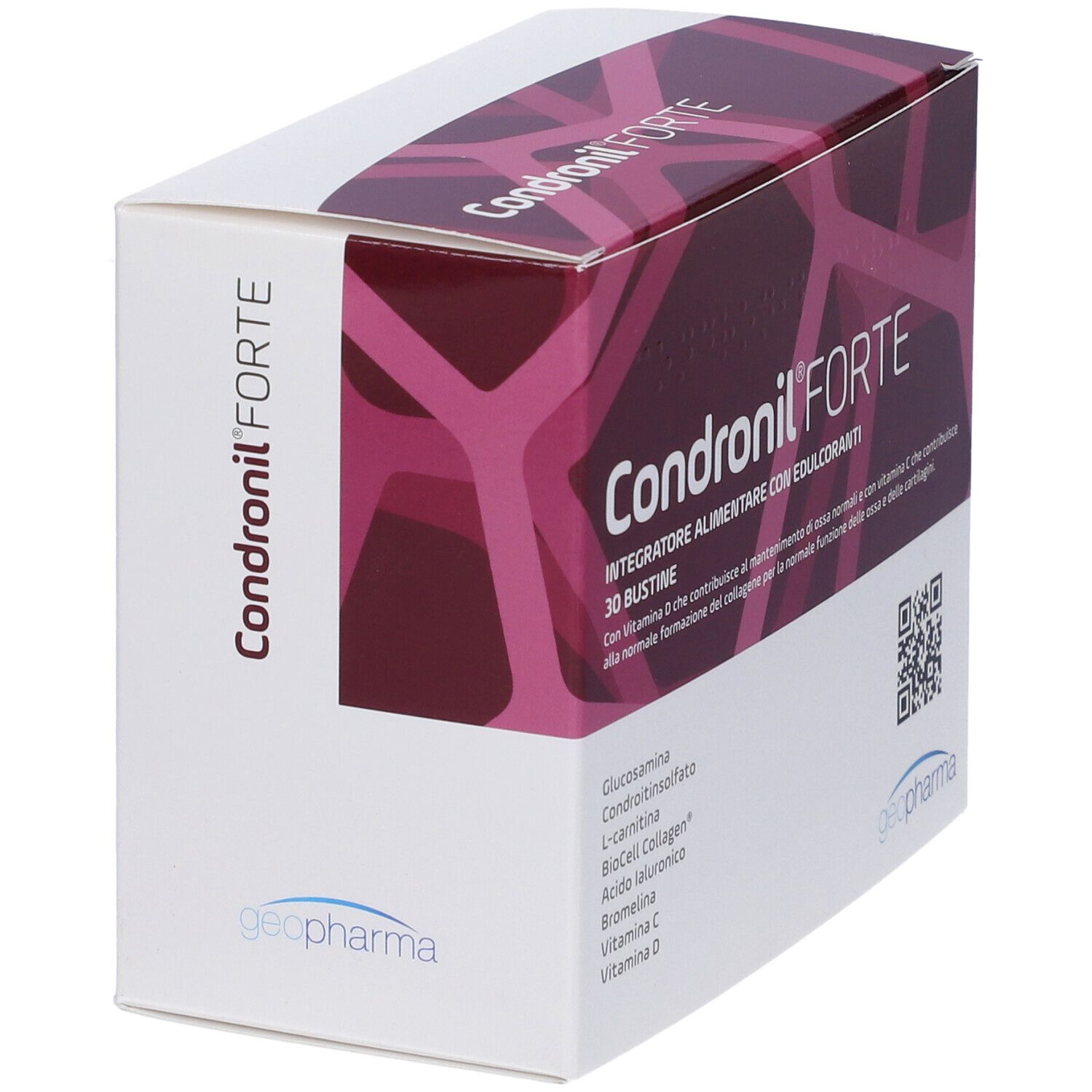 Scatola di Kondronil Forte, angolata. Scritto: 30 bustine. Contiene glucosamina, condroitin solfato, L-carnitina, BioCell Collagen, acido ialuronico, bromelina, vitamina C, vitamina D.