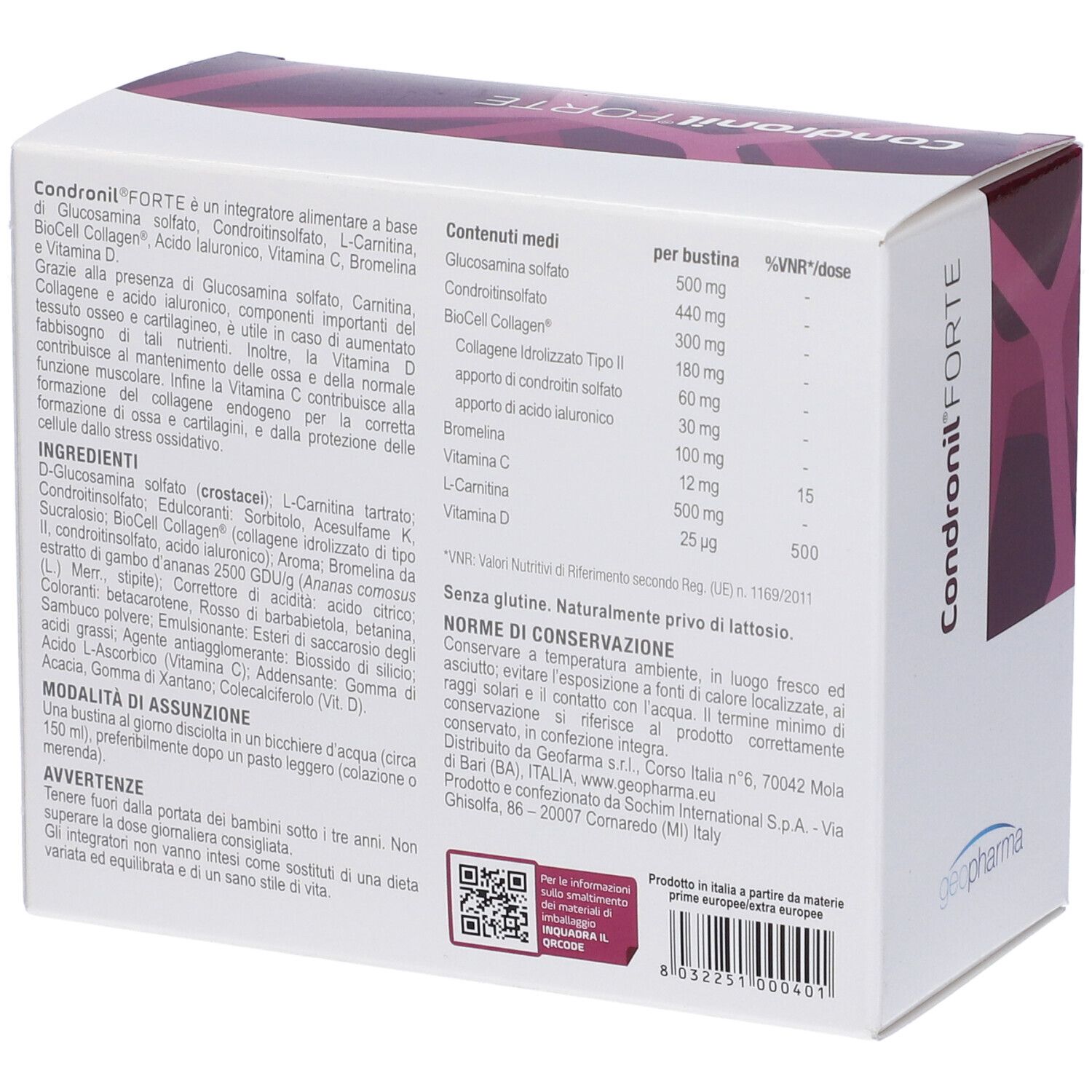 Retro della confezione Kondronil Forte. Contiene ingredienti e informazioni nutrizionali. Codice QR e informazioni del produttore.