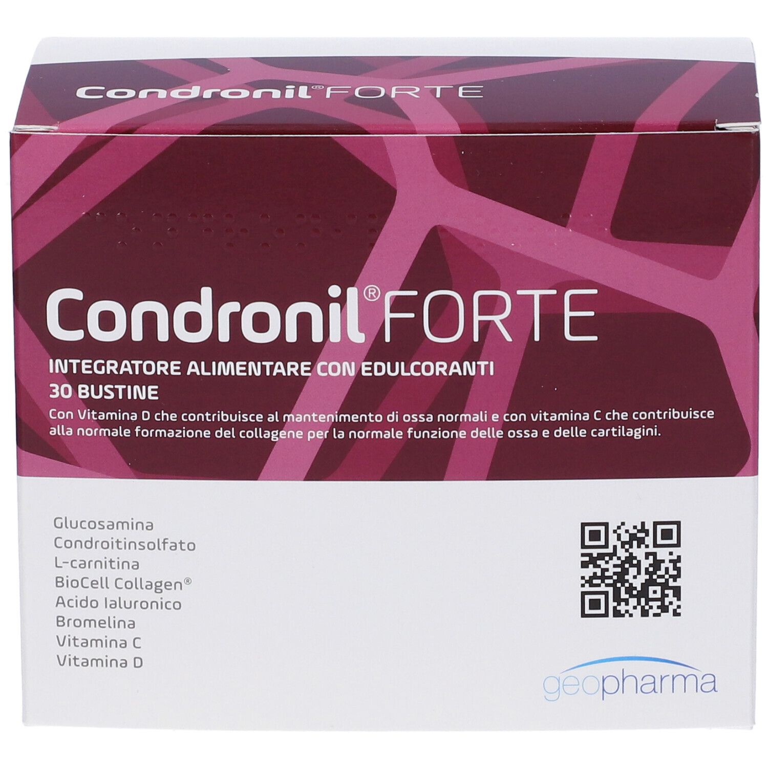 Scatola di Kondronil Forte. Scritto: 30 bustine. Contiene glucosamina, condroitin solfato, L-carnitina, BioCell Collagen, acido ialuronico, bromelina, vitamina C, vitamina D.