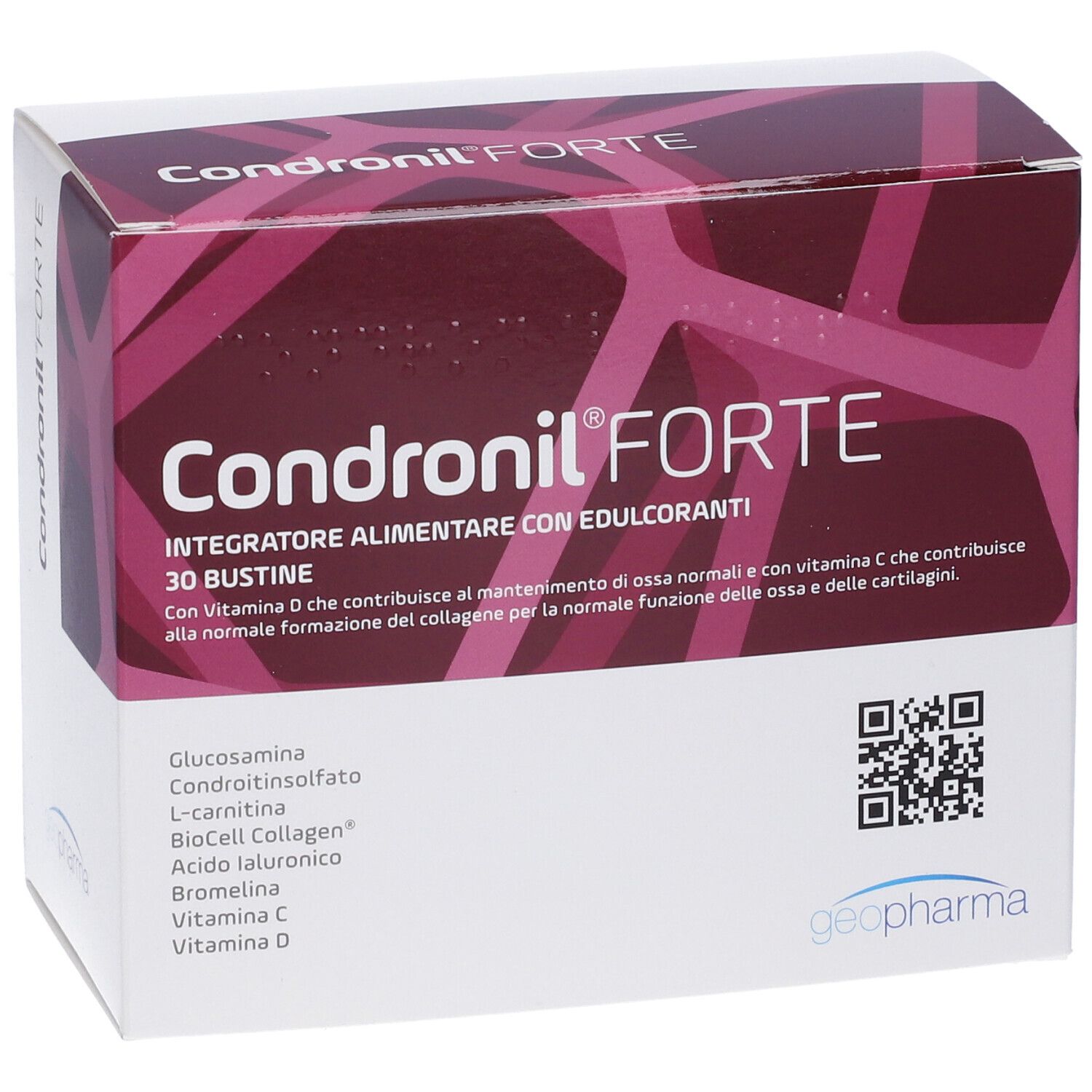 Scatola di Kondronil Forte. Scritto: 30 bustine. Contiene glucosamina, condroitin solfato, L-carnitina, BioCell Collagen, acido ialuronico, bromelina, vitamina C, vitamina D.