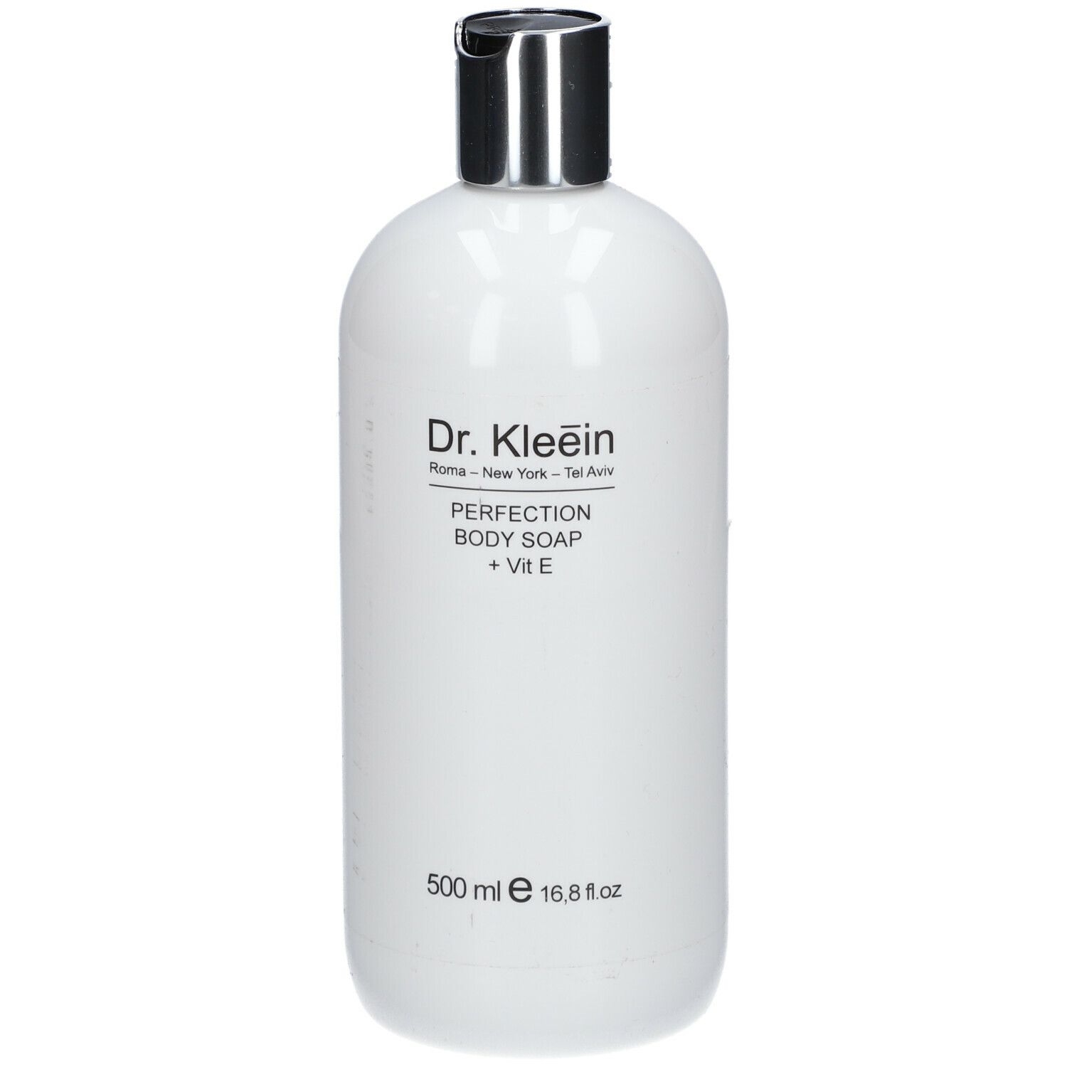 Flacone bianco con tappo argentato. Scritta: Dr. Kleein, PERFECTION BODY SOAP + Vit E. 500 ml.