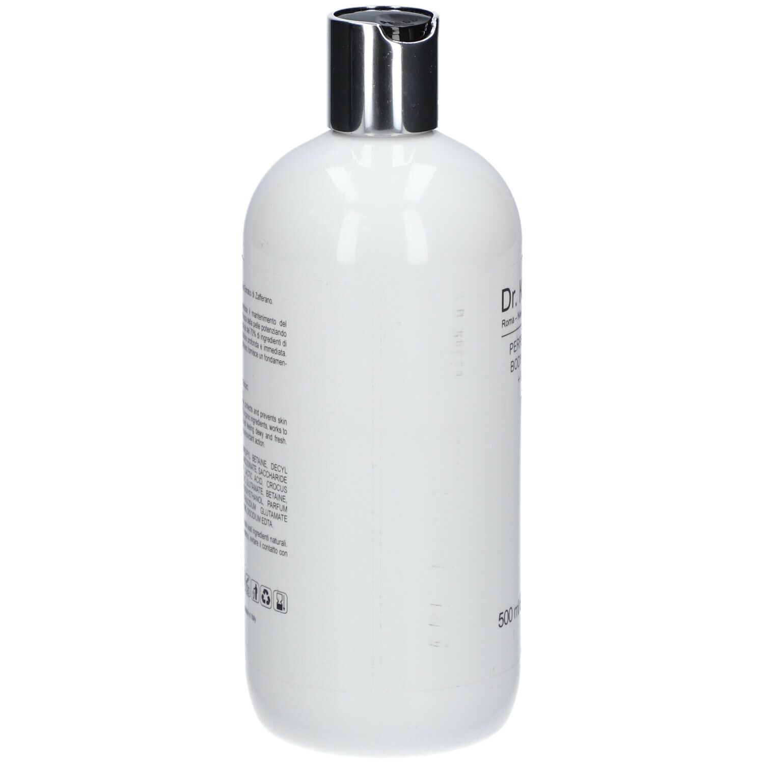 Flacone bianco, retro con testo. Tappo argentato. Scritta: Dr. Kleein, PERFECTION BODY SOAP + Vit E. 500 ml.