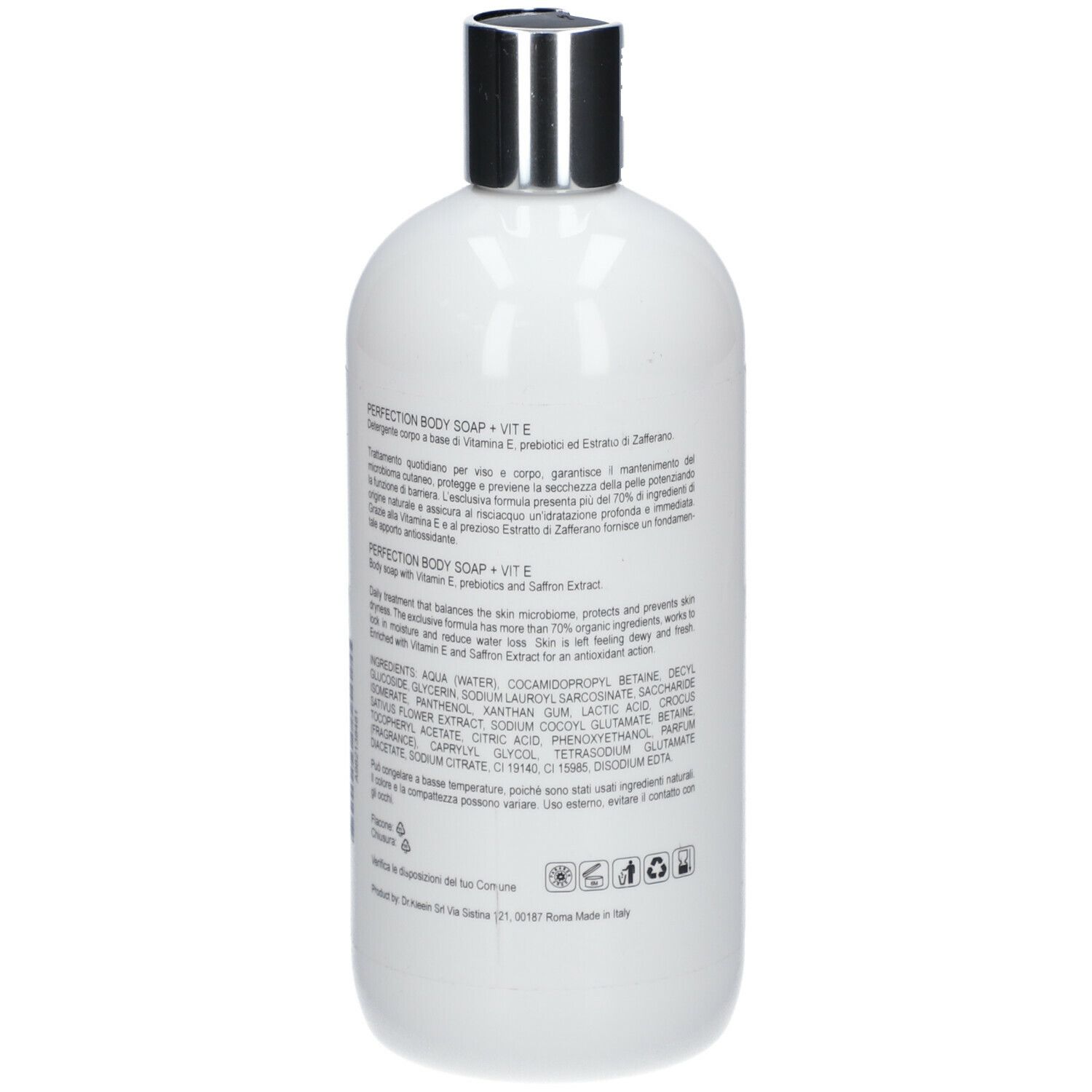 Flacone bianco, retro con testo. Tappo argentato. Scritta: PERFECTION BODY SOAP + Vit E. Ingredienti.
