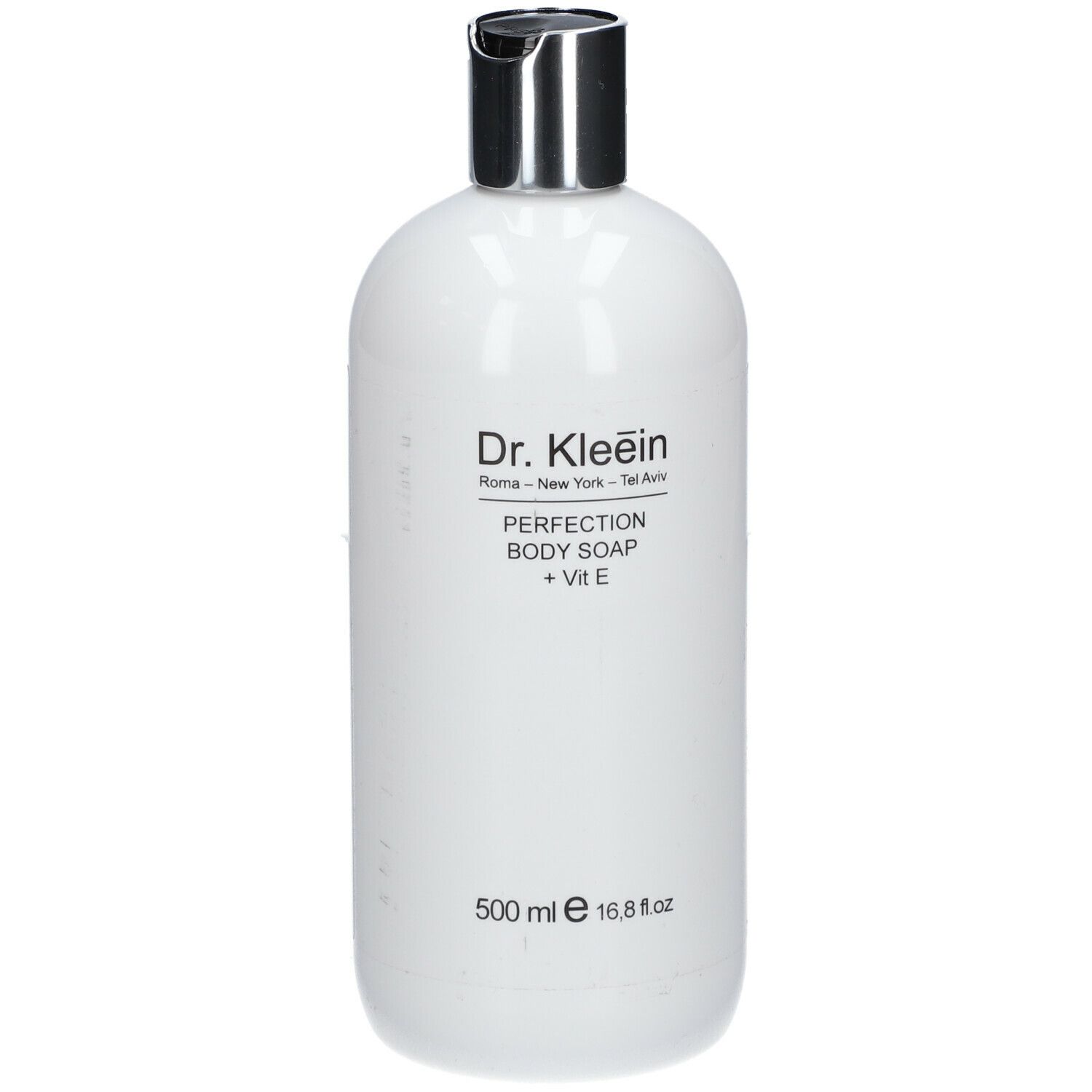 Flacone bianco con tappo argentato. Scritta: Dr. Kleein, PERFECTION BODY SOAP + Vit E. 500 ml.