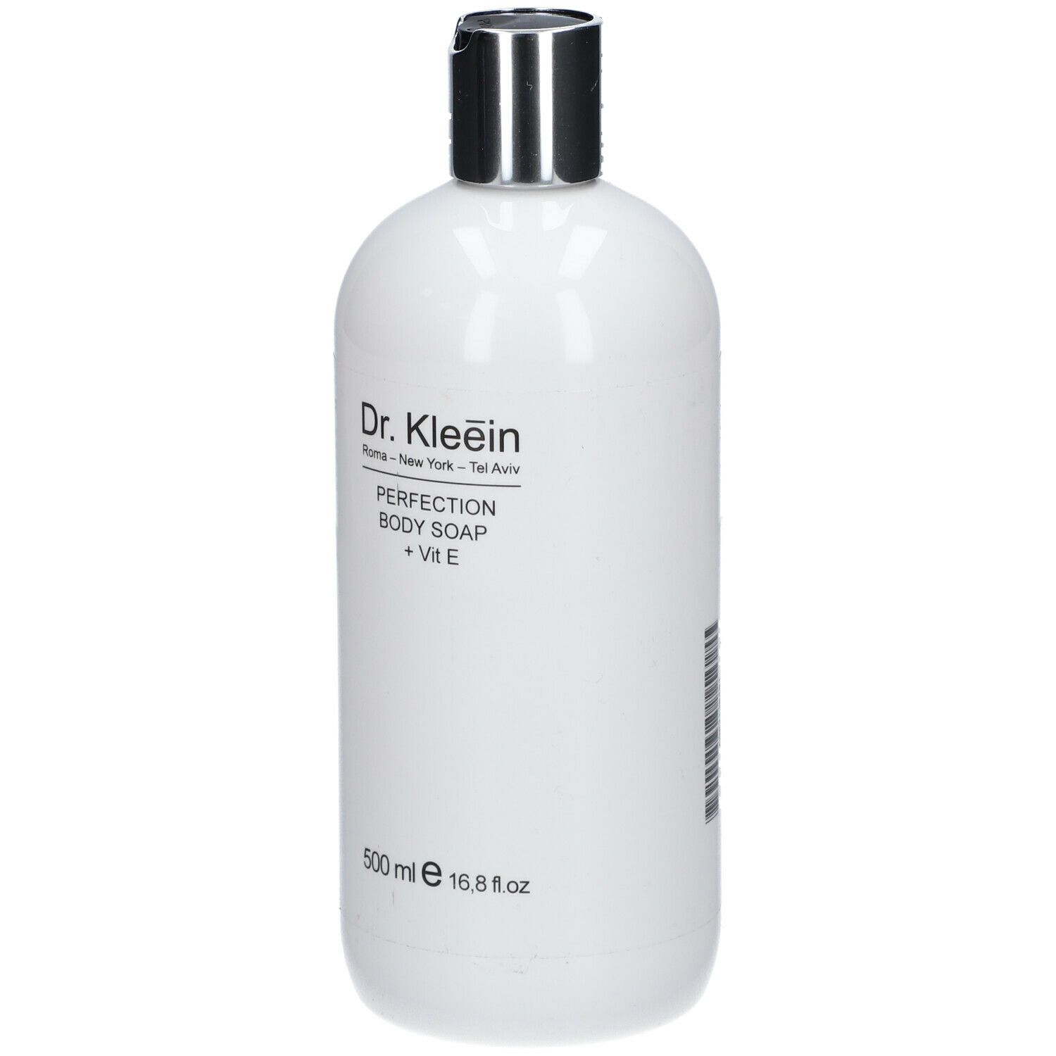 Flacone bianco con tappo argentato. Scritta: Dr. Kleein, PERFECTION BODY SOAP + Vit E. 500 ml.