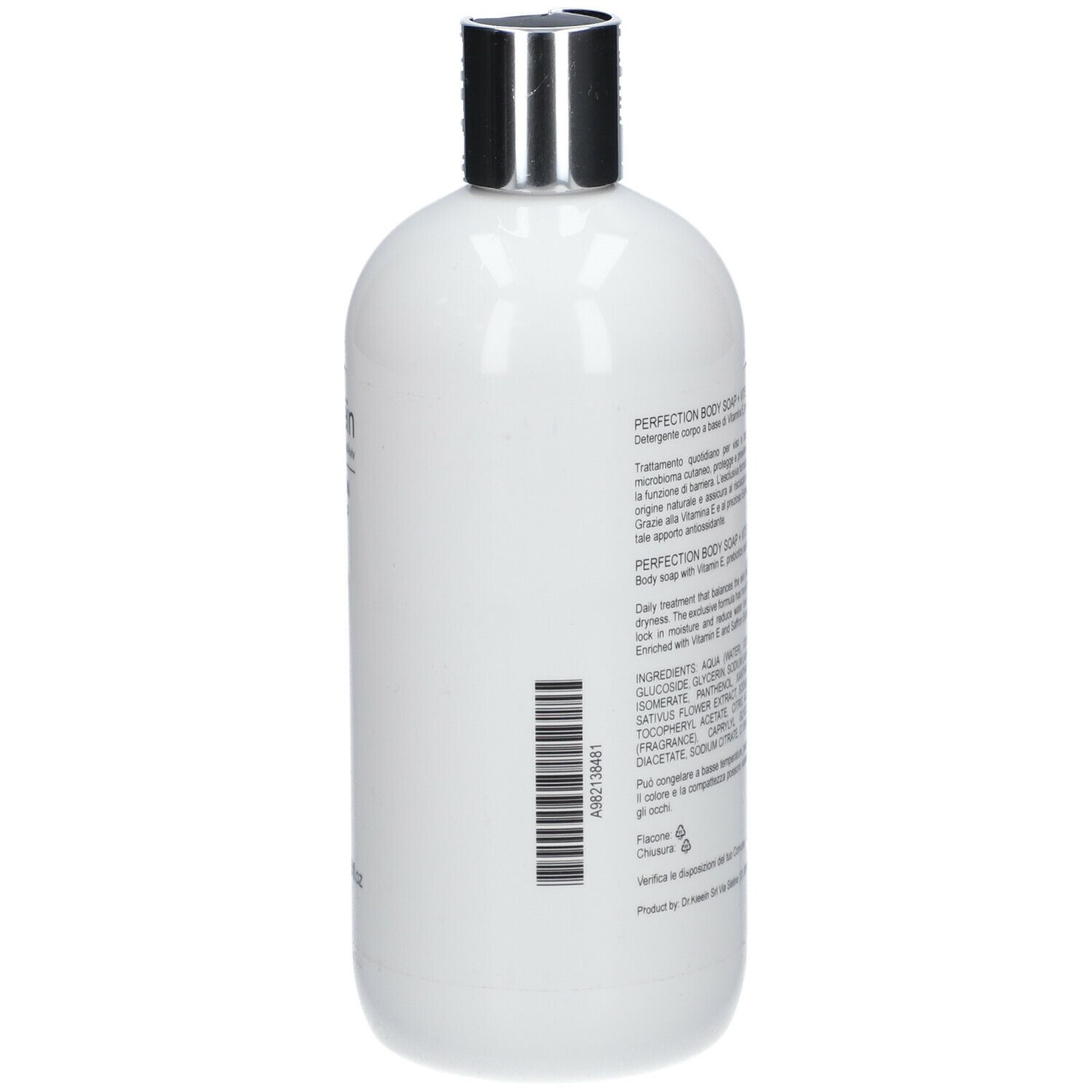 Flacone bianco, retro con testo e codice a barre. Tappo argentato. Scritta: PERFECTION BODY SOAP + Vit E.