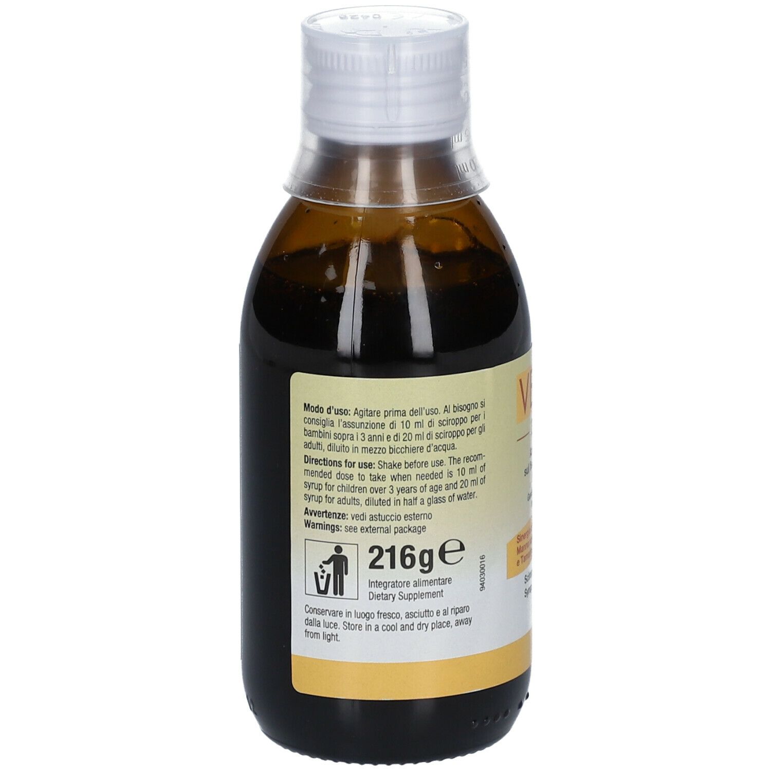 Retro del flacone marrone con tappo bianco. Etichetta con istruzioni per l'uso e ingredienti. 216g.