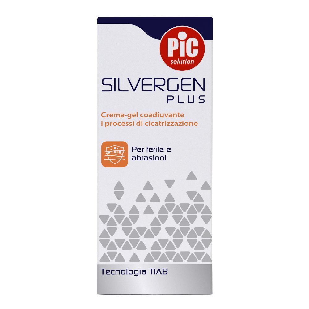 Scatola di Pic Silvergen Plus Crema Gel. Bianca, con scritte blu e rosse. Testo: Silvergen Plus, crema-gel per cicatrizzazione.