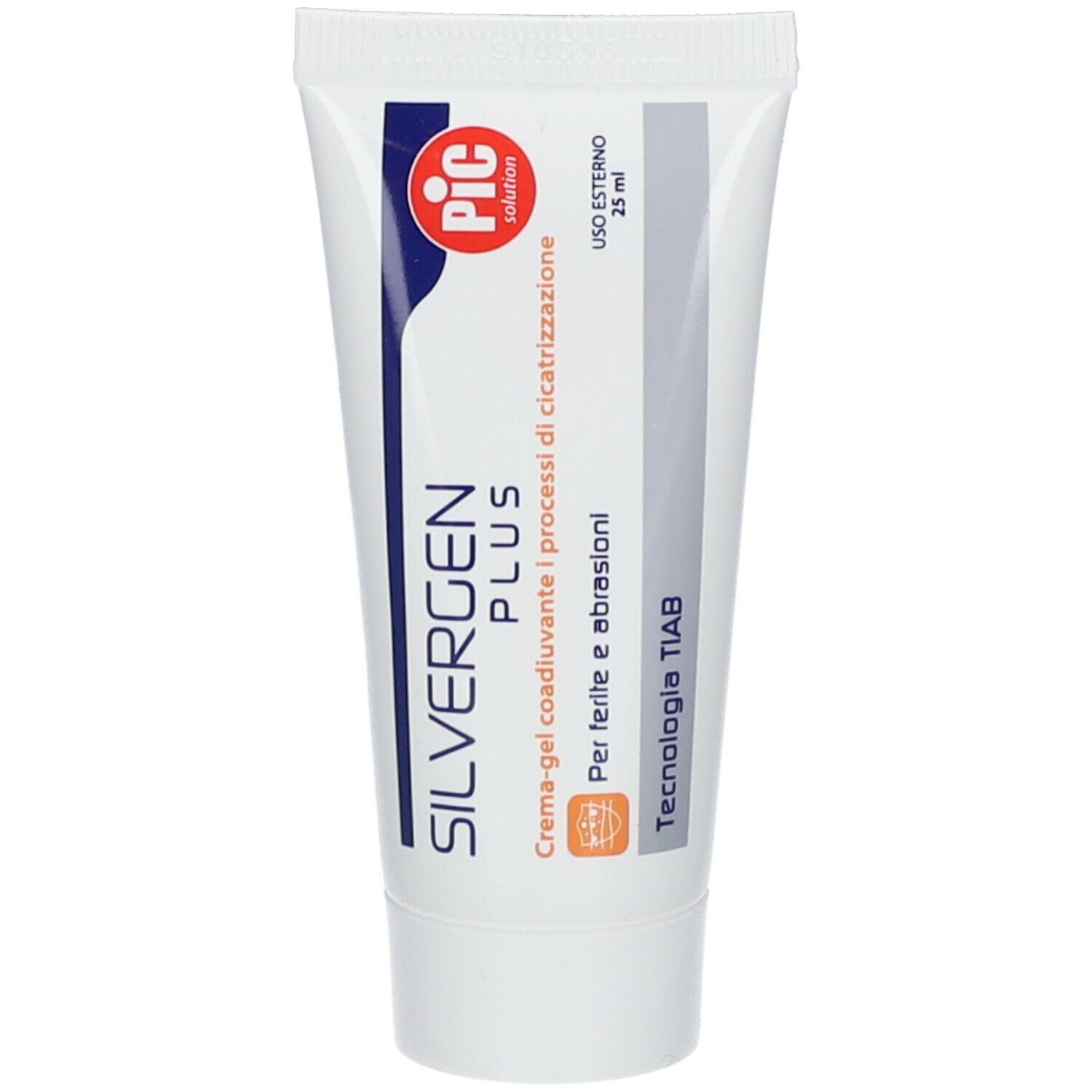 Tubo di Pic Silvergen Plus Crema Gel. Bianco, con scritte blu e rosse. Testo: Silvergen Plus, crema-gel per cicatrizzazione. 25 ml.