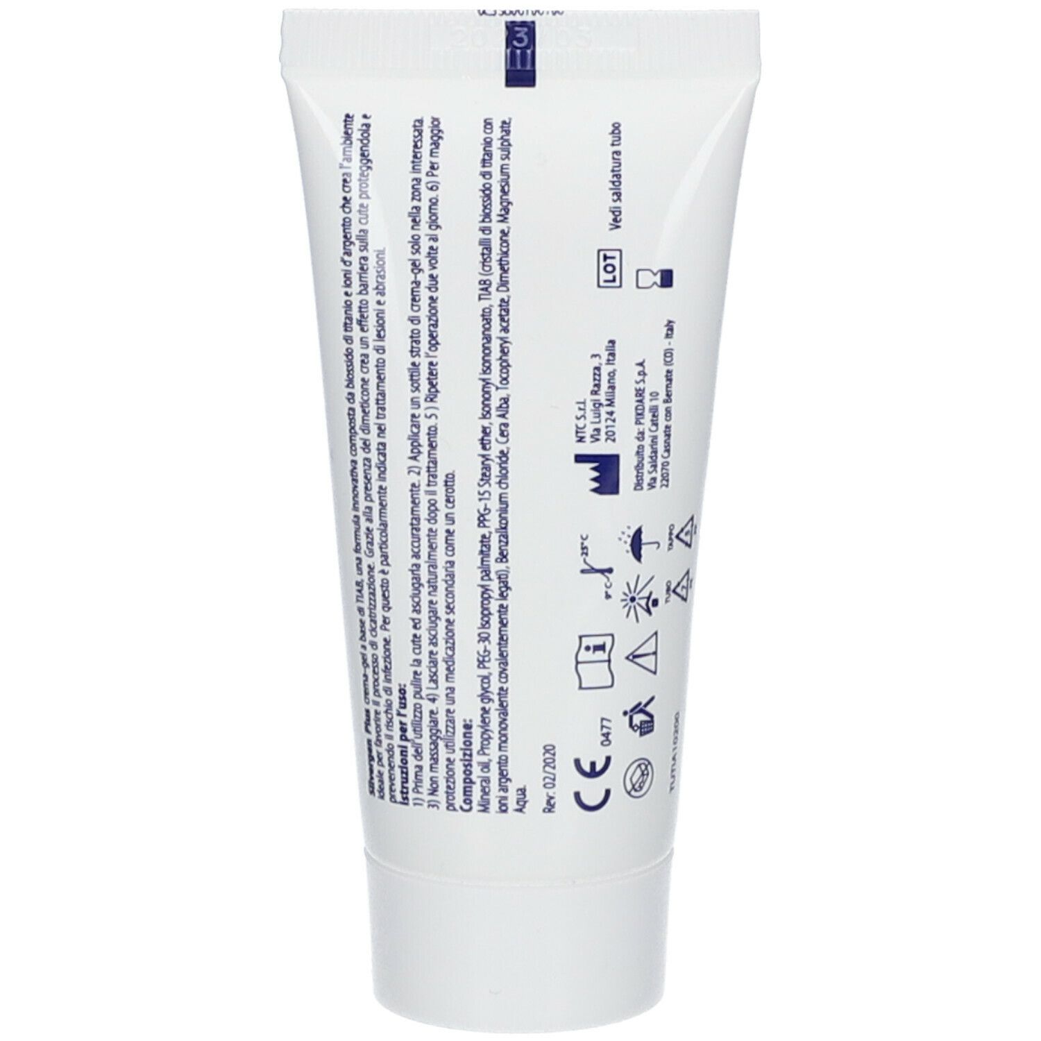 Retro del tubo di Pic Silvergen Plus Crema Gel. Bianco con testo blu. Contiene testo e simboli. Marchio CE.