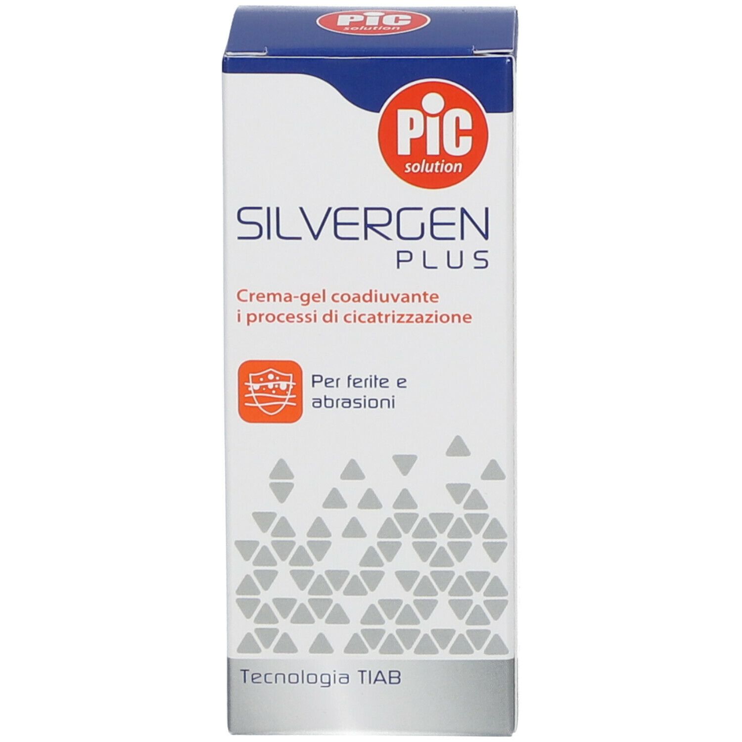 Scatola di Pic Silvergen Plus Crema Gel. Bianca, con scritte blu e rosse. Testo: Silvergen Plus, crema-gel per cicatrizzazione.