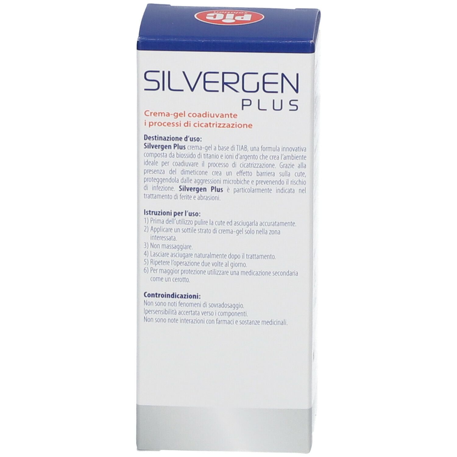 Lato della scatola Pic Silvergen Plus Crema Gel. Bianco con testo blu. Contiene testo: uso, istruzioni per l'uso.