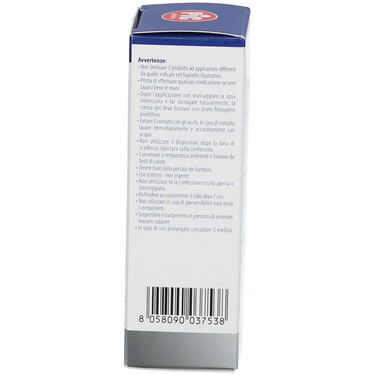 Lato della scatola Pic Silvergen Plus Crema Gel. Bianco con testo blu. Contiene testo: avvertenze, codice a barre.