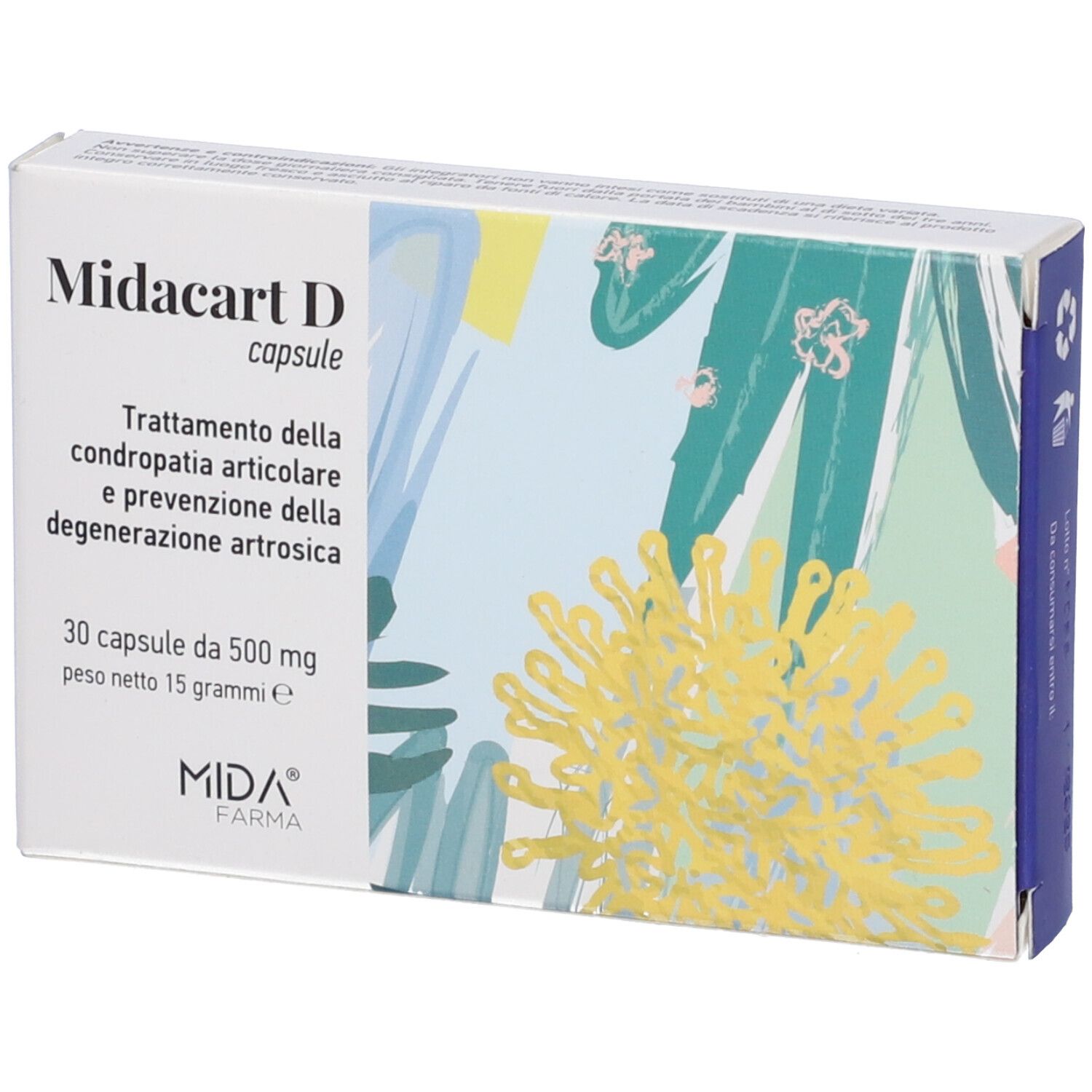 Scatola di capsule Midacart D. Scritta: 30 capsule, 500 mg. Marchio: Mida Farma. Sfondo con motivo floreale.
