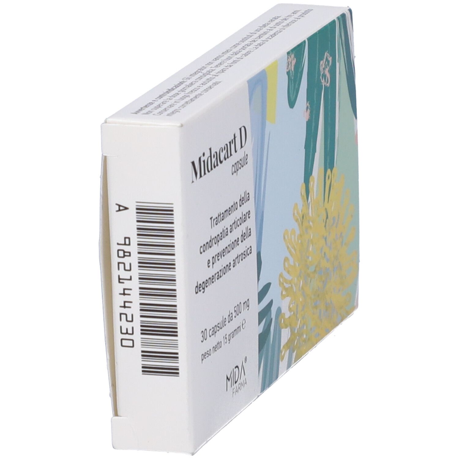 Scatola di capsule Midacart D, vista laterale. Codice a barre e numero di serie. Sfondo a motivi floreali.