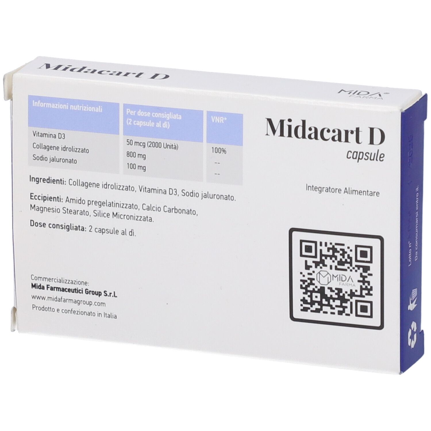 Retro della scatola di capsule Midacart D. Informazioni nutrizionali e ingredienti. Codice QR e logo del marchio.
