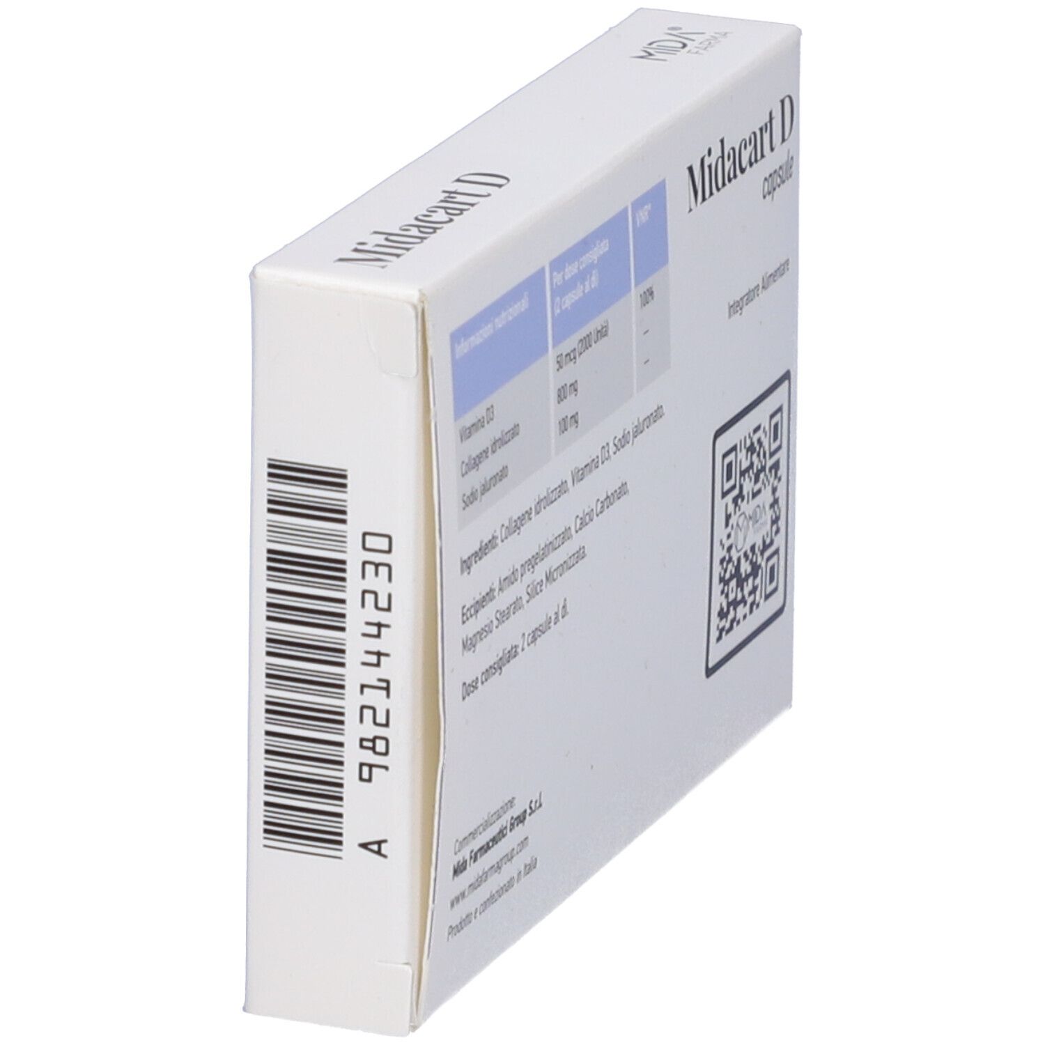 Vista laterale della scatola di capsule Midacart D. Informazioni nutrizionali e ingredienti. Codice QR e logo del marchio.