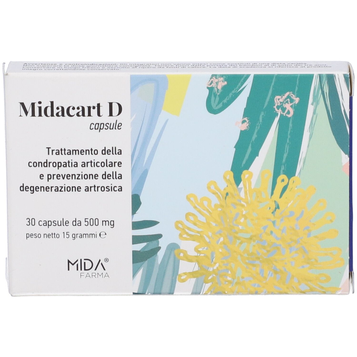 Scatola di capsule Midacart D. Scritta: 30 capsule, 500 mg. Marchio: Mida Farma. Sfondo con motivo floreale.