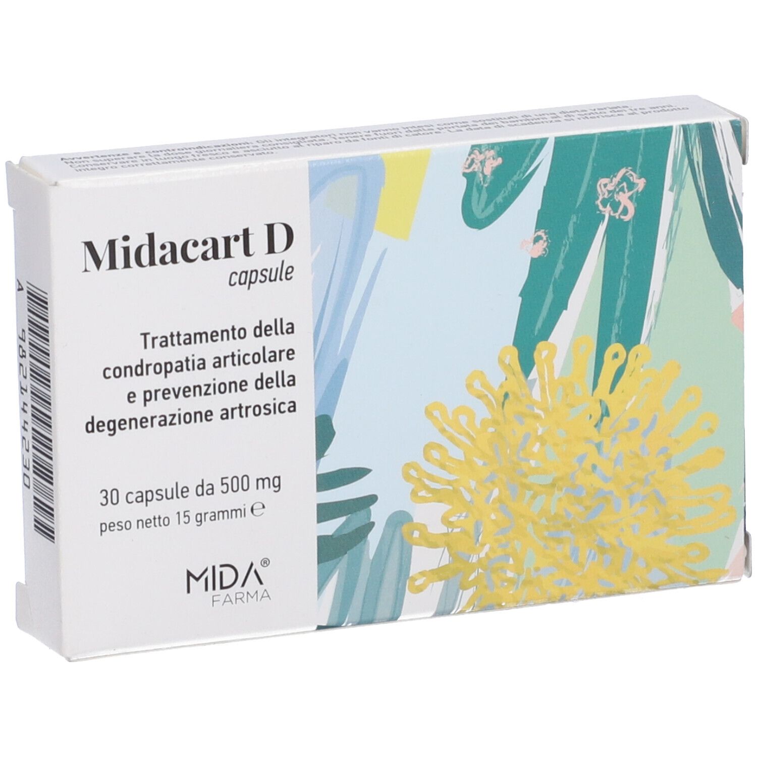 Scatola di capsule Midacart D. Scritta: 30 capsule, 500 mg. Marchio: Mida Farma. Sfondo con motivo floreale.