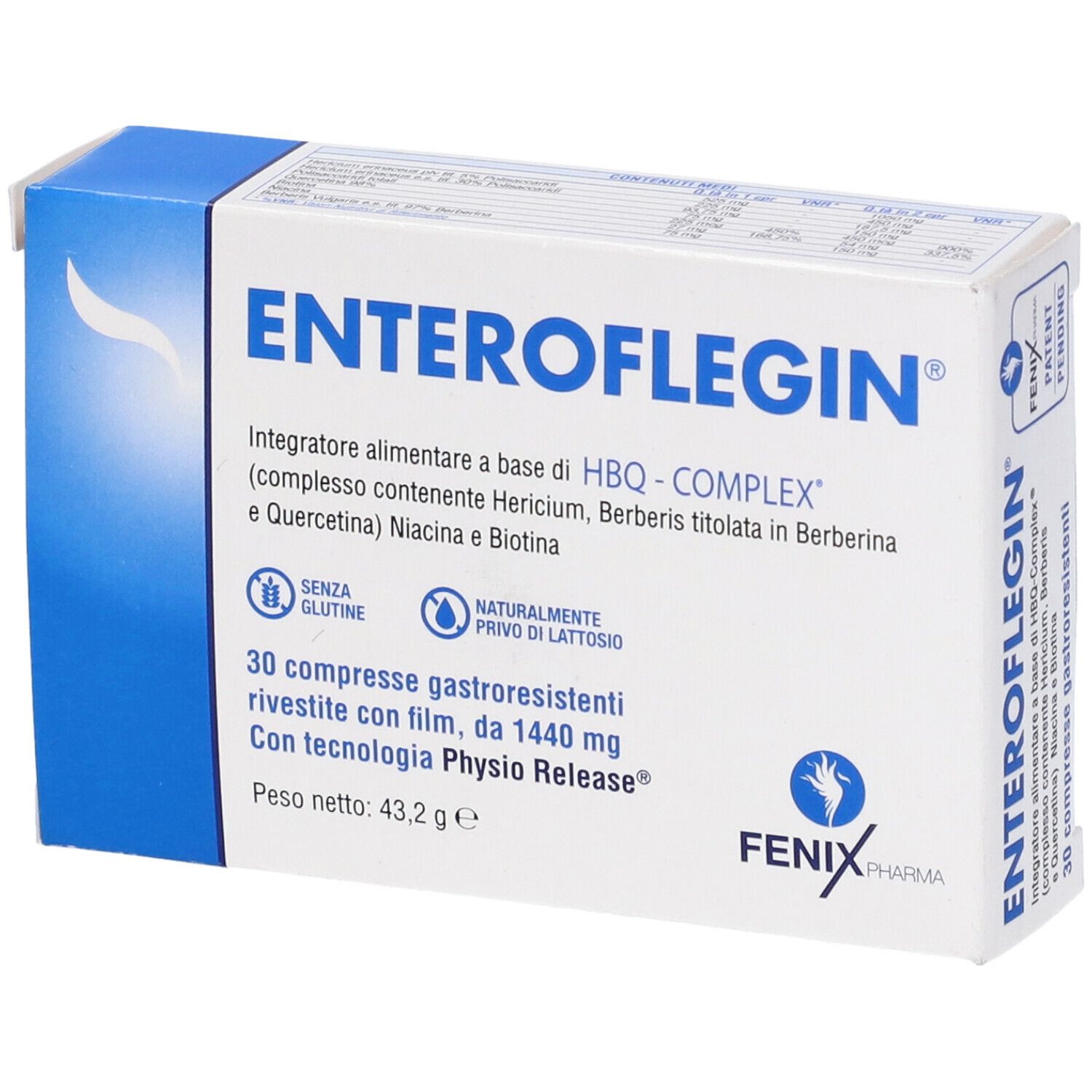 Scatola ENTEROFLEGIN. Confezione blu e bianca. Testo: 30 compresse, senza glutine, senza lattosio. Logo FENIX Pharma.