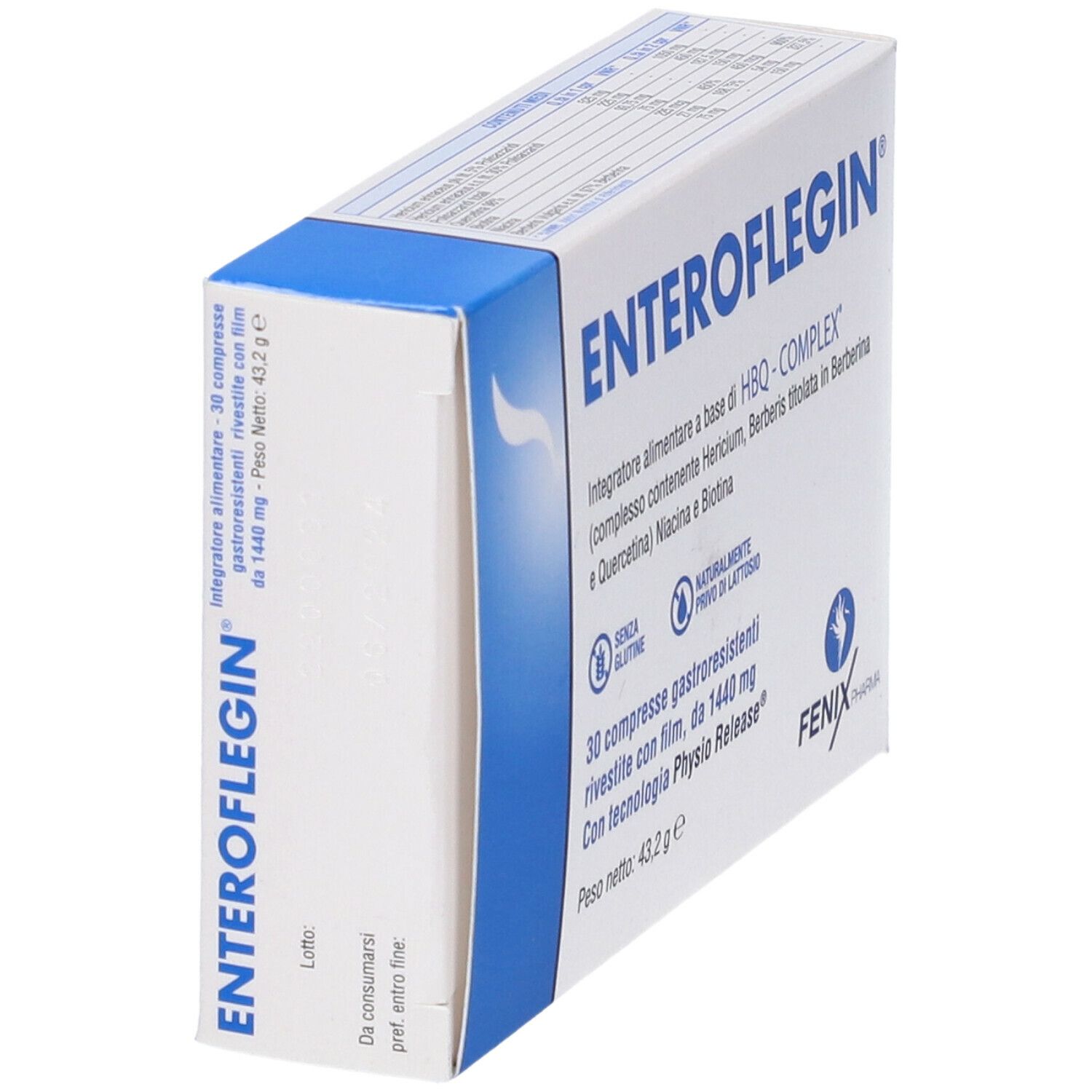 Scatola ENTEROFLEGIN, angolata. Confezione blu e bianca. Testo: 30 compresse, senza glutine, senza lattosio. Logo FENIX Pharma.
