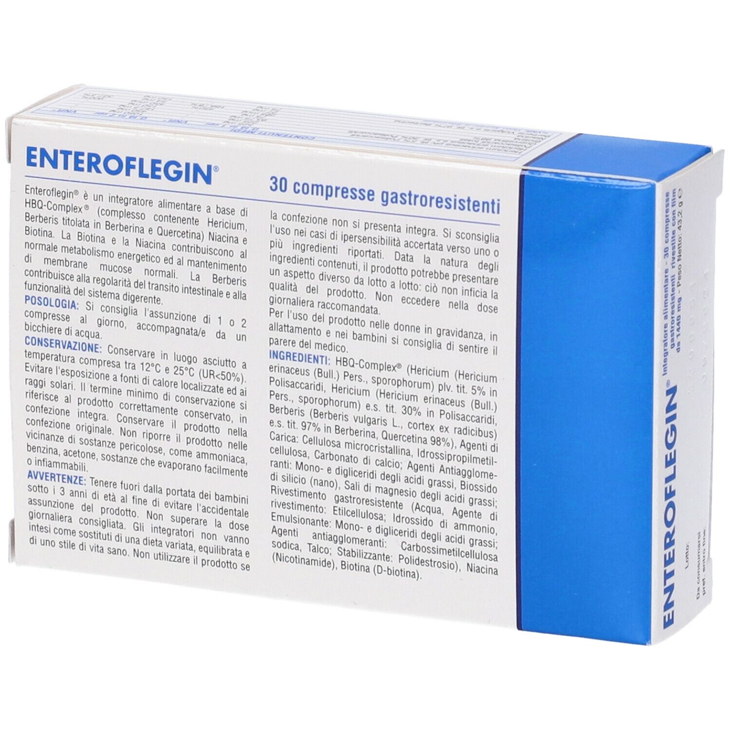 Scatola ENTEROFLEGIN, angolata. Confezione blu e bianca. Testo e ingredienti. Logo FENIX Pharma.