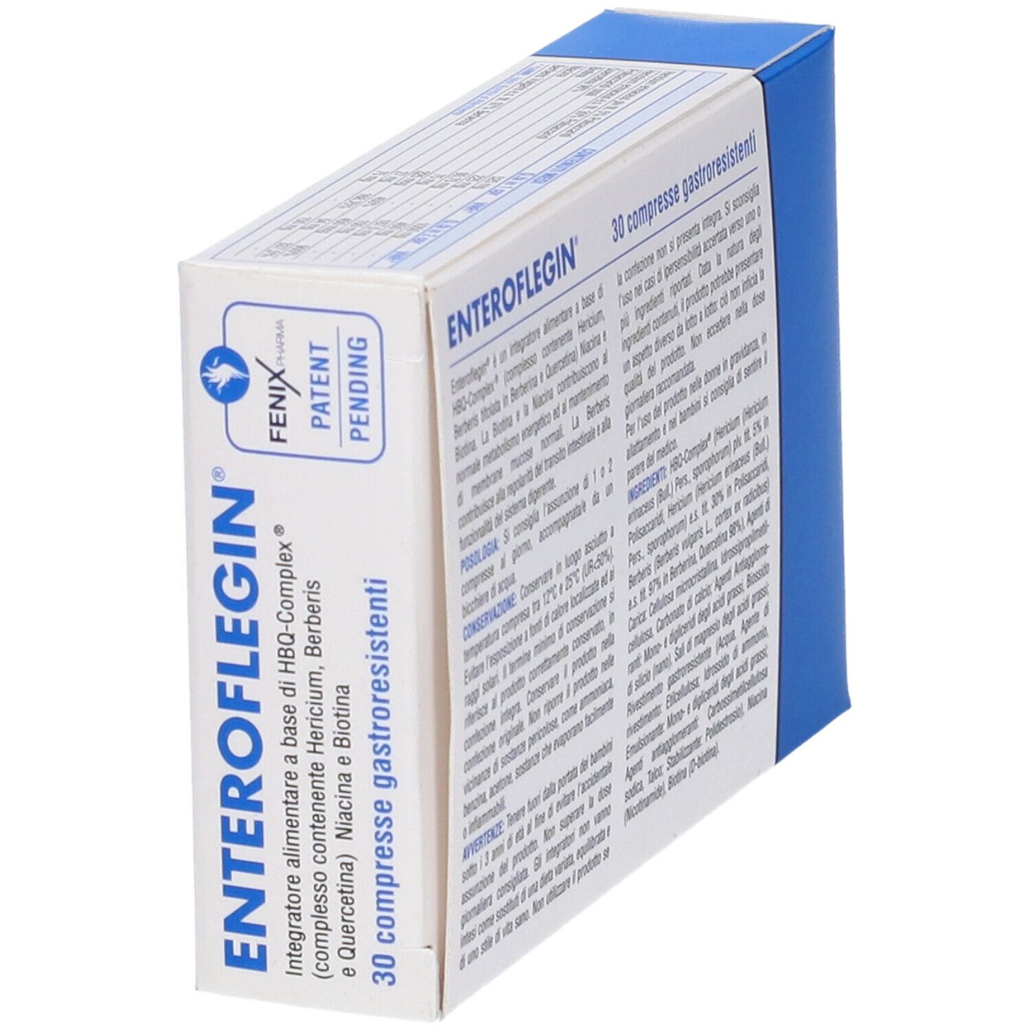 Scatola ENTEROFLEGIN, angolata. Confezione blu e bianca. Testo: 30 compresse, senza glutine, senza lattosio. Logo FENIX Pharma.