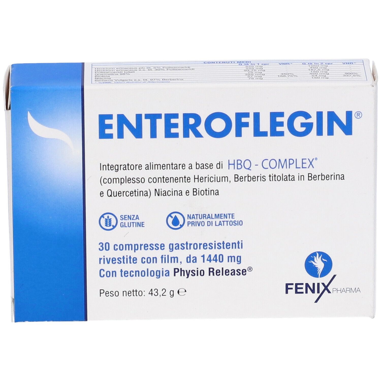Scatola ENTEROFLEGIN. Confezione blu e bianca. Testo: 30 compresse, senza glutine, senza lattosio. Logo FENIX Pharma.