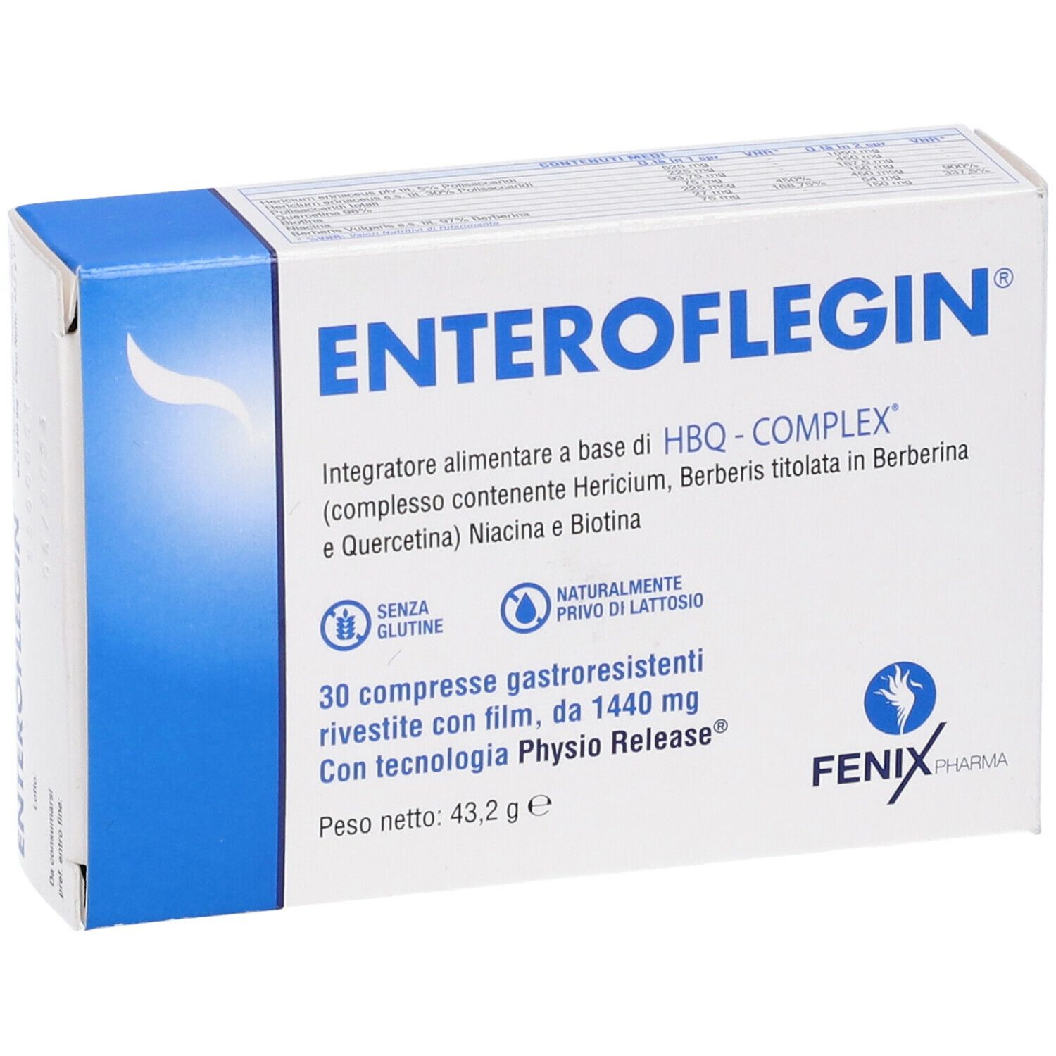 Scatola ENTEROFLEGIN. Confezione blu e bianca. Testo: 30 compresse, senza glutine, senza lattosio. Logo FENIX Pharma.